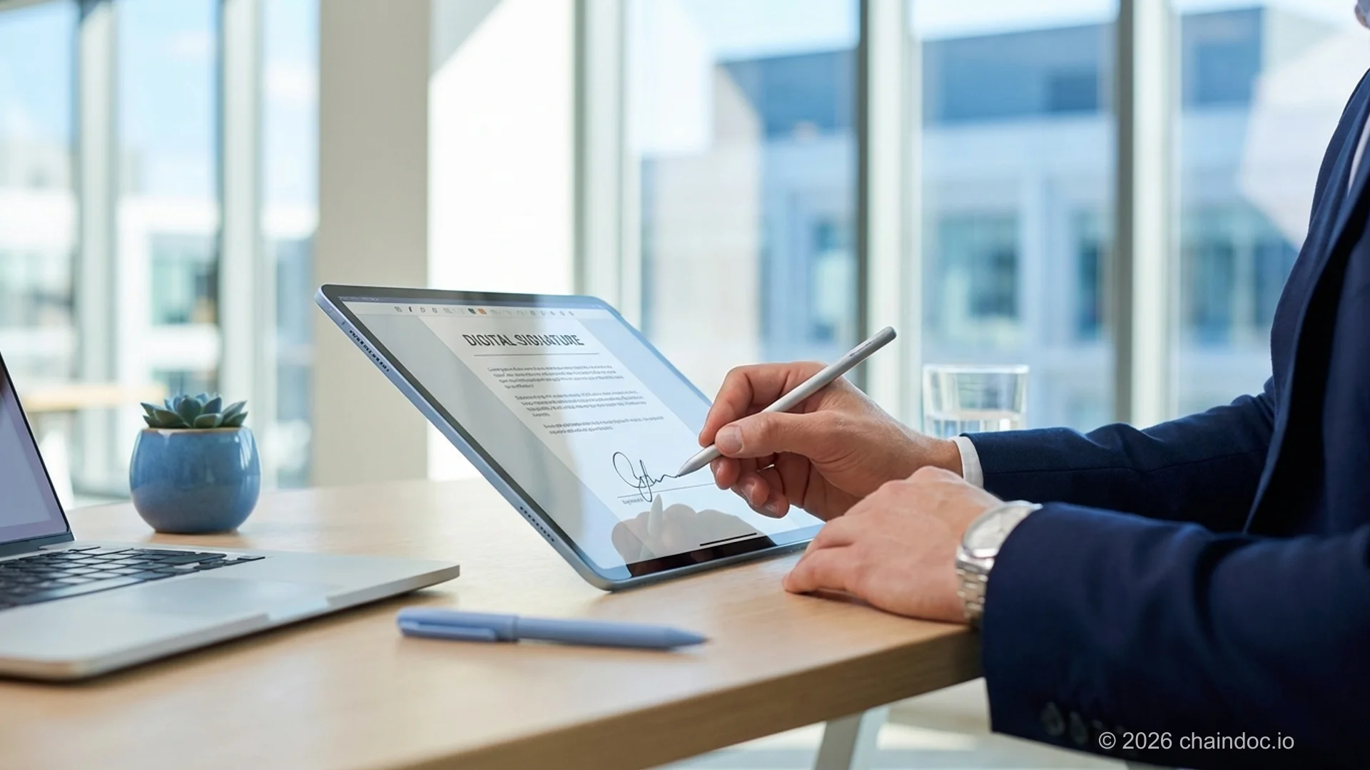 Professional signing digital document on tablet