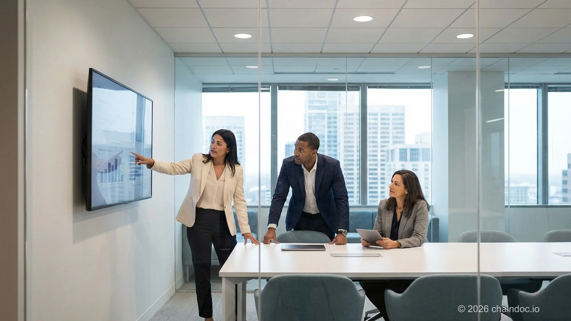 Business team evaluating eSignature software features and security protocols in modern conference room
