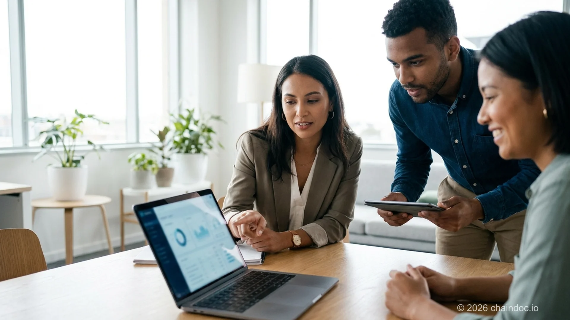 Small business team reviewing a contract lifecycle management software dashboard together