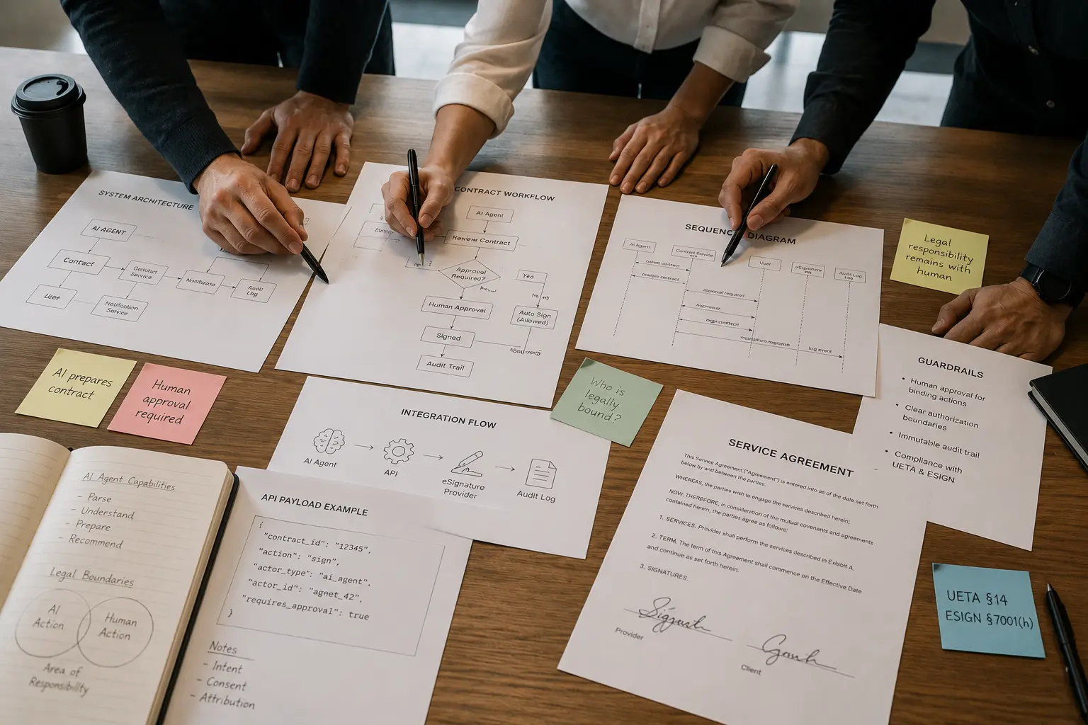 Nœud d'agent IA relié à un document contractuel avec une ligne de signature, illustrant si une IA peut signer un contrat