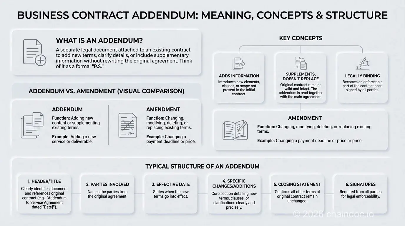 Comparación adenda contractual vs enmienda, guía visual que muestra cuándo añadir frente a cuándo modificar términos contractuales