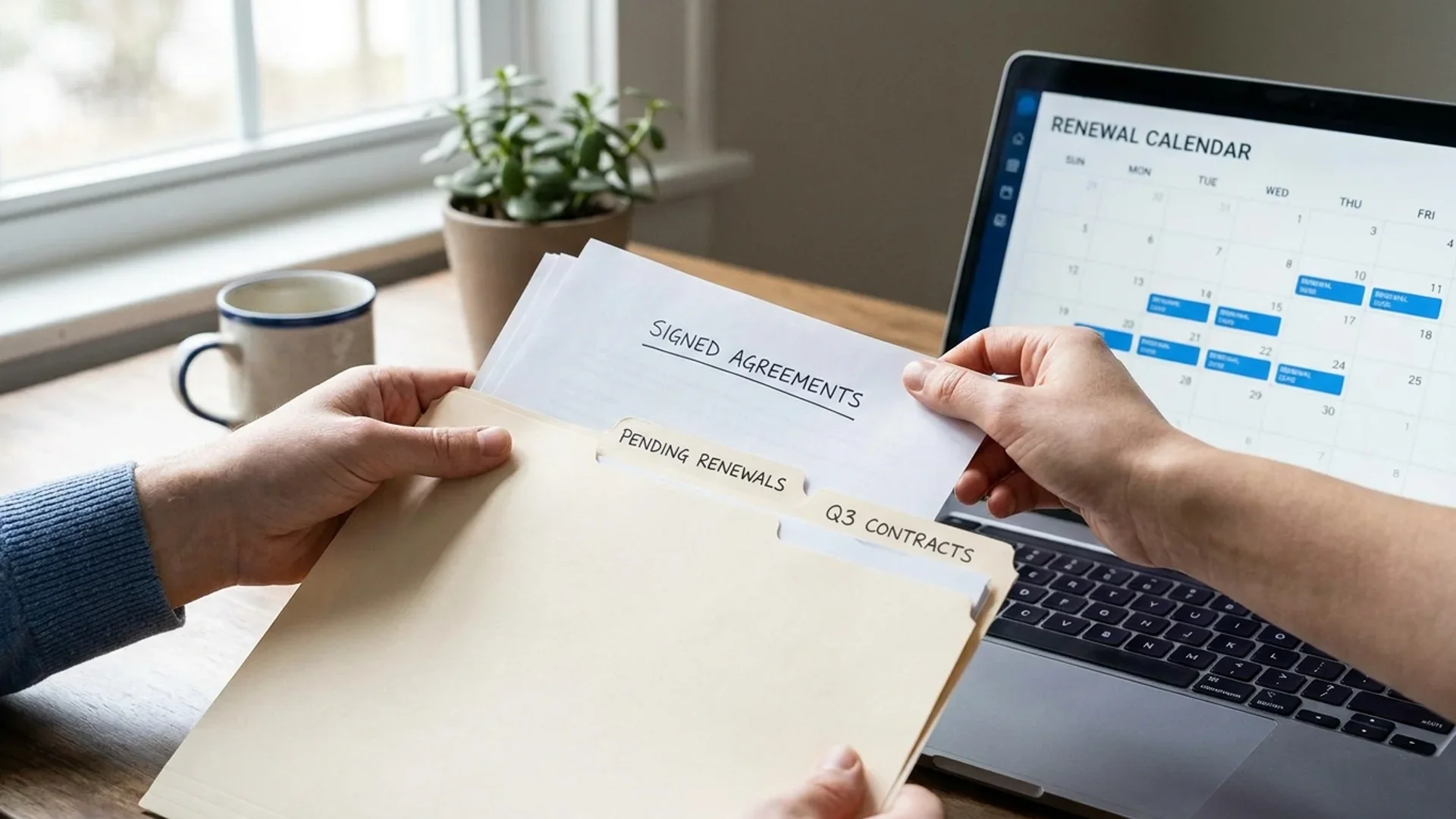 Vertragsmanagement im Mittelstand: Aktenordner mit Papierverträgen neben einer digitalen Vertragsübersicht auf dem Bildschirm