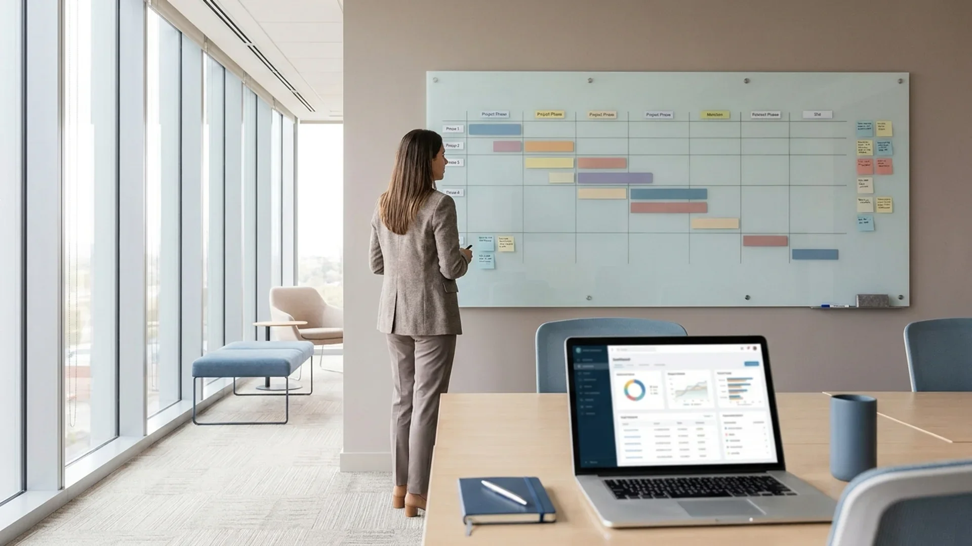 Small business owner reviewing a contract management process board with renewal dates and signed agreements