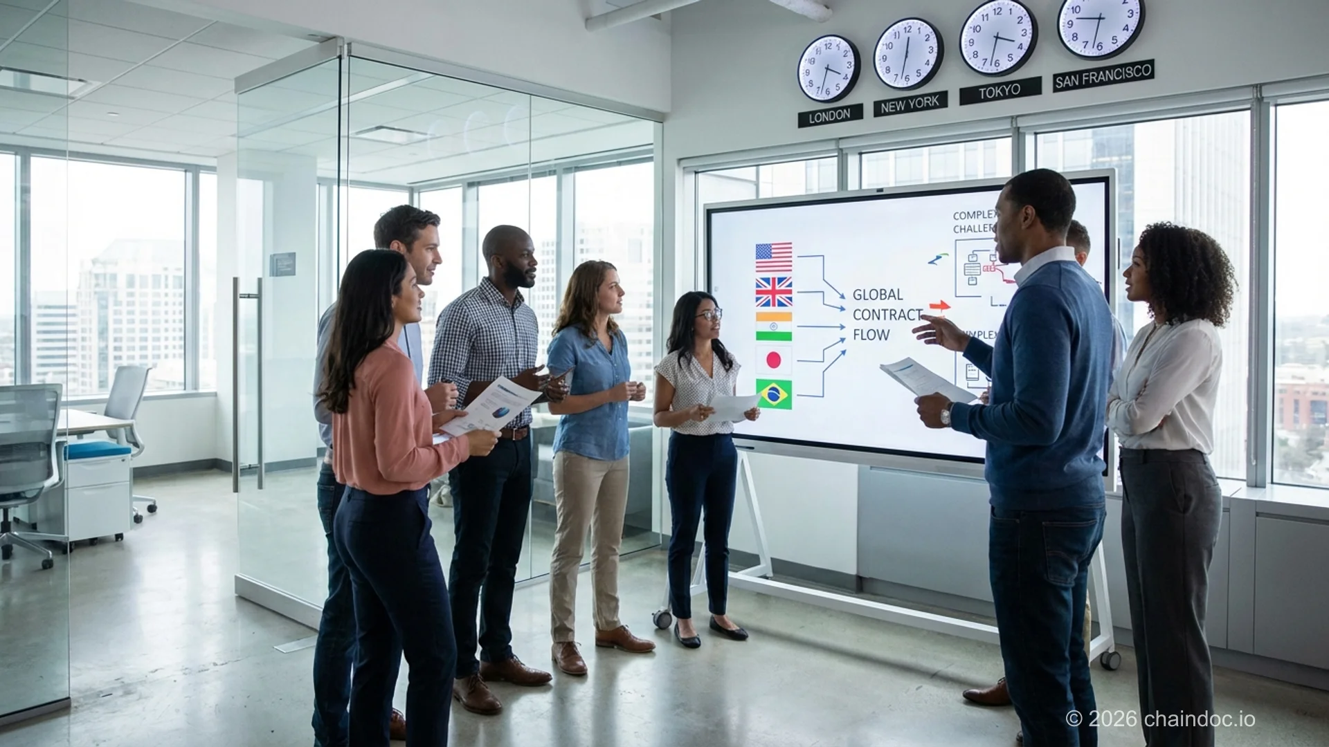 IT team discussing global contract workflow in a modern office with timezone clocks