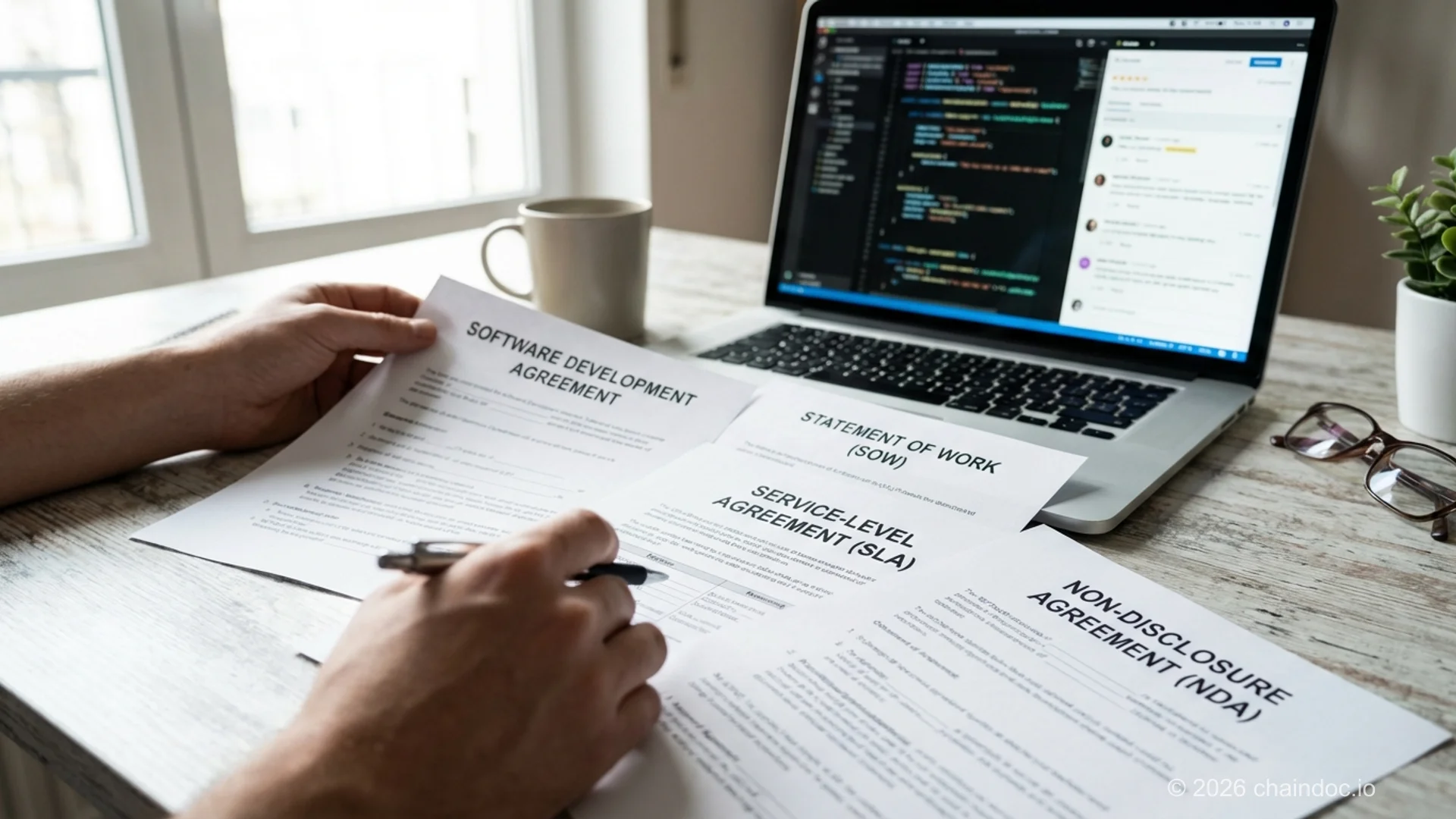 Varios documentos de contrato IT, incluidos SOW, SLA y NDA sobre un escritorio con un portátil mostrando código