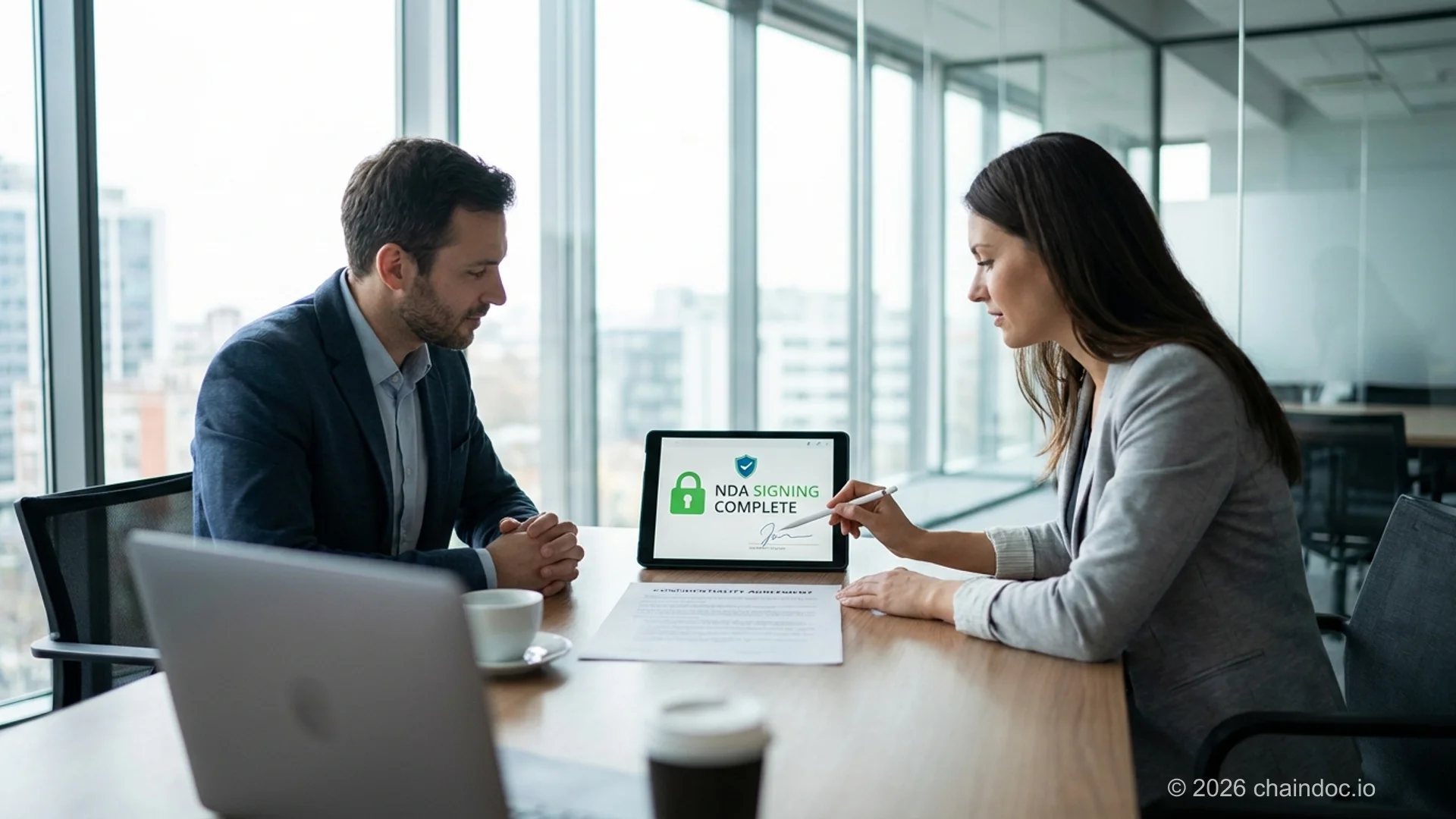 Two professionals signing an NDA as part of IT contract management workflow on a tablet in a conference room
