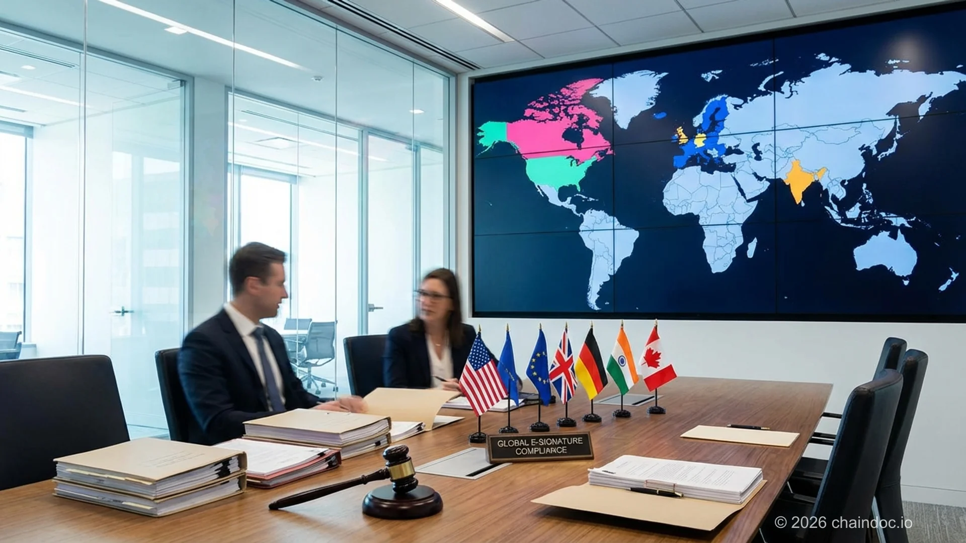World map displaying contract management compliance jurisdictions for IT e-signature frameworks with international flags