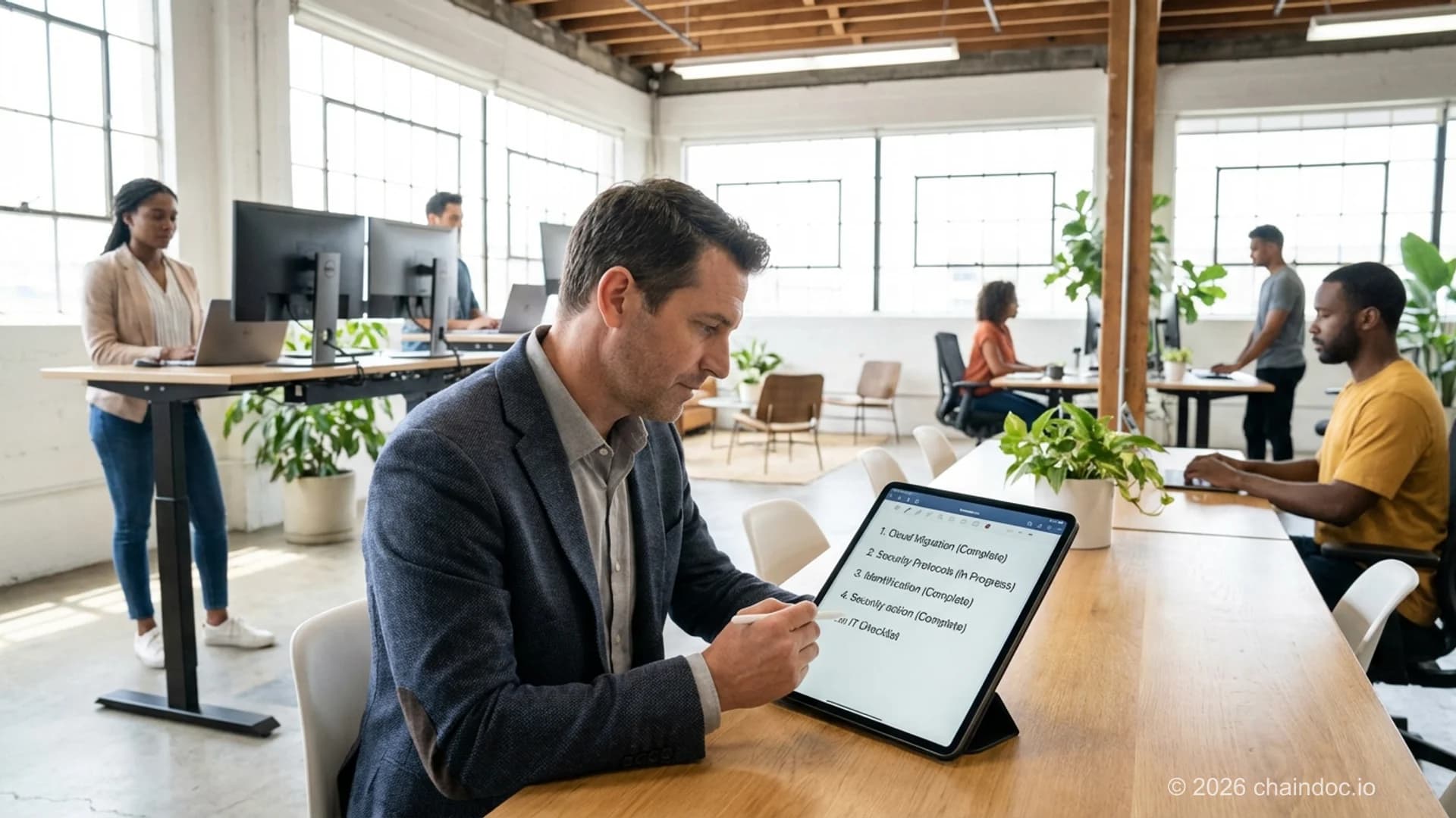 Manager IT revisando una lista de verificación de implantación de gestión de contratos en una tableta en la oficina de una startup con el equipo trabajando