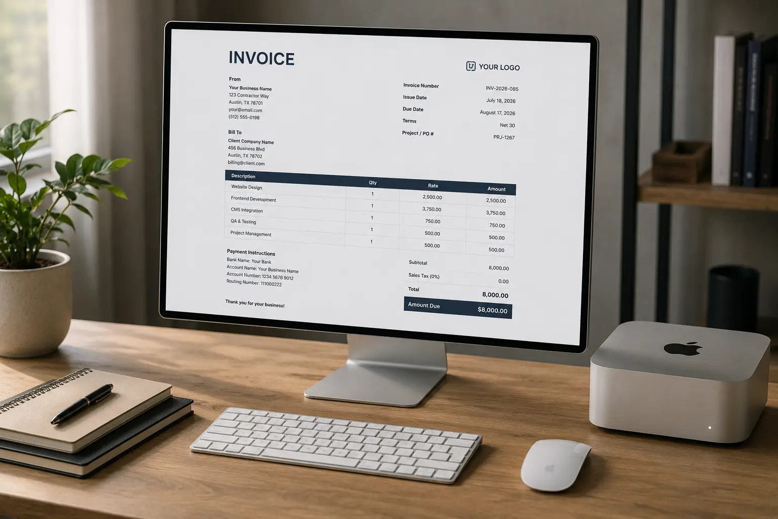 Free contractor invoice template with highlighted fields for invoice number, service period, and payment terms