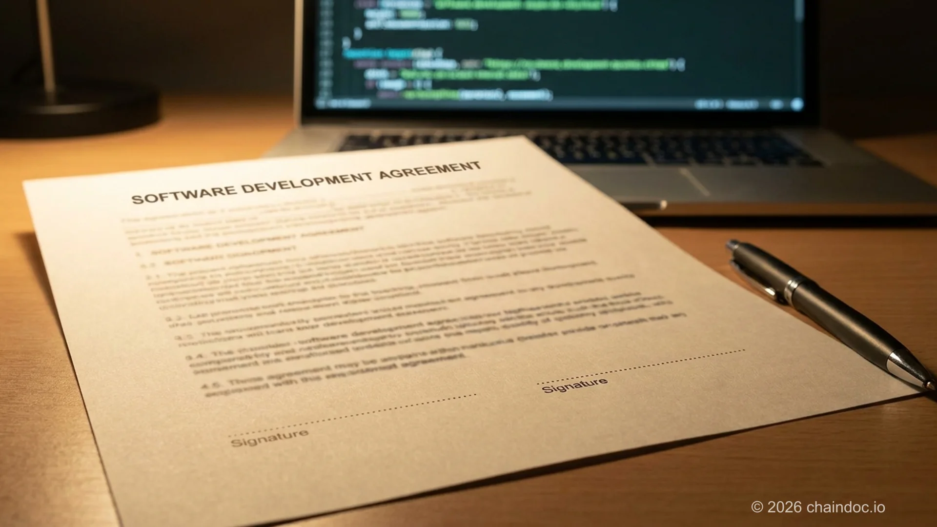 Software contractor NDA review — contract document with pen and code editor open in background