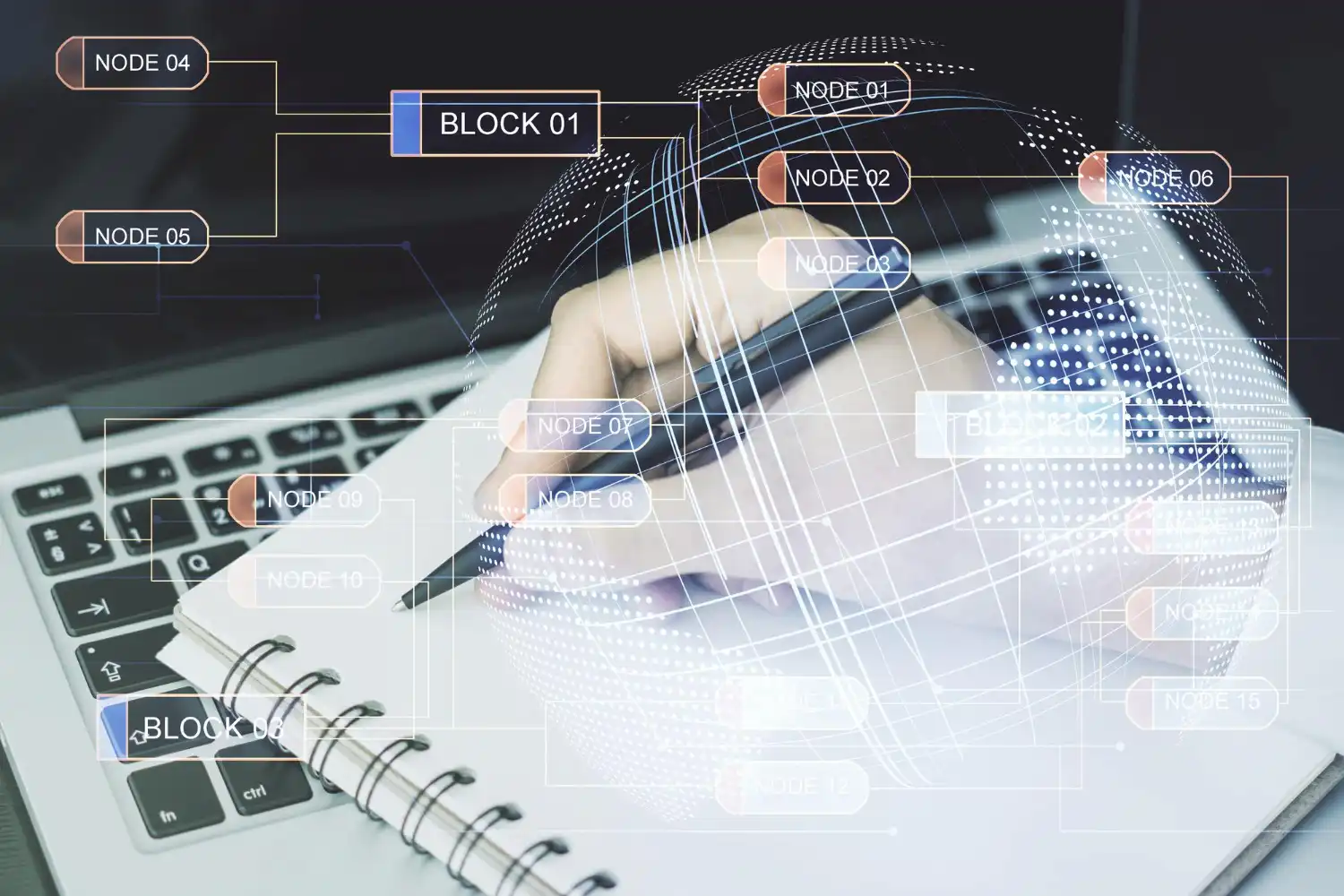 Visualisation de la sécurité des documents blockchain montrant la création d'empreintes digitales et le registre immuable.