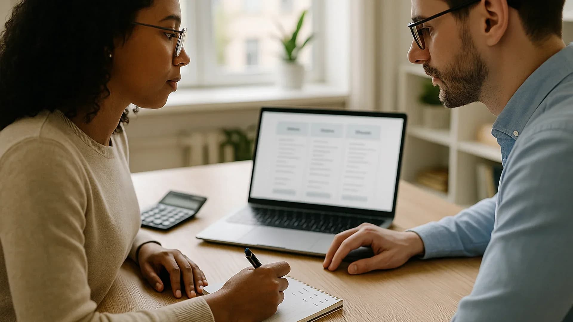Two colleagues at a small firm work through an electronic signature software comparison on a laptop, noting seat counts on a pad