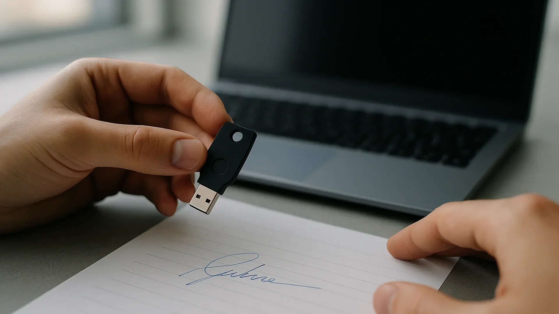 Digital signature vs electronic signature: a hand holds a USB hardware token for a PKI signature above a page signed in ink