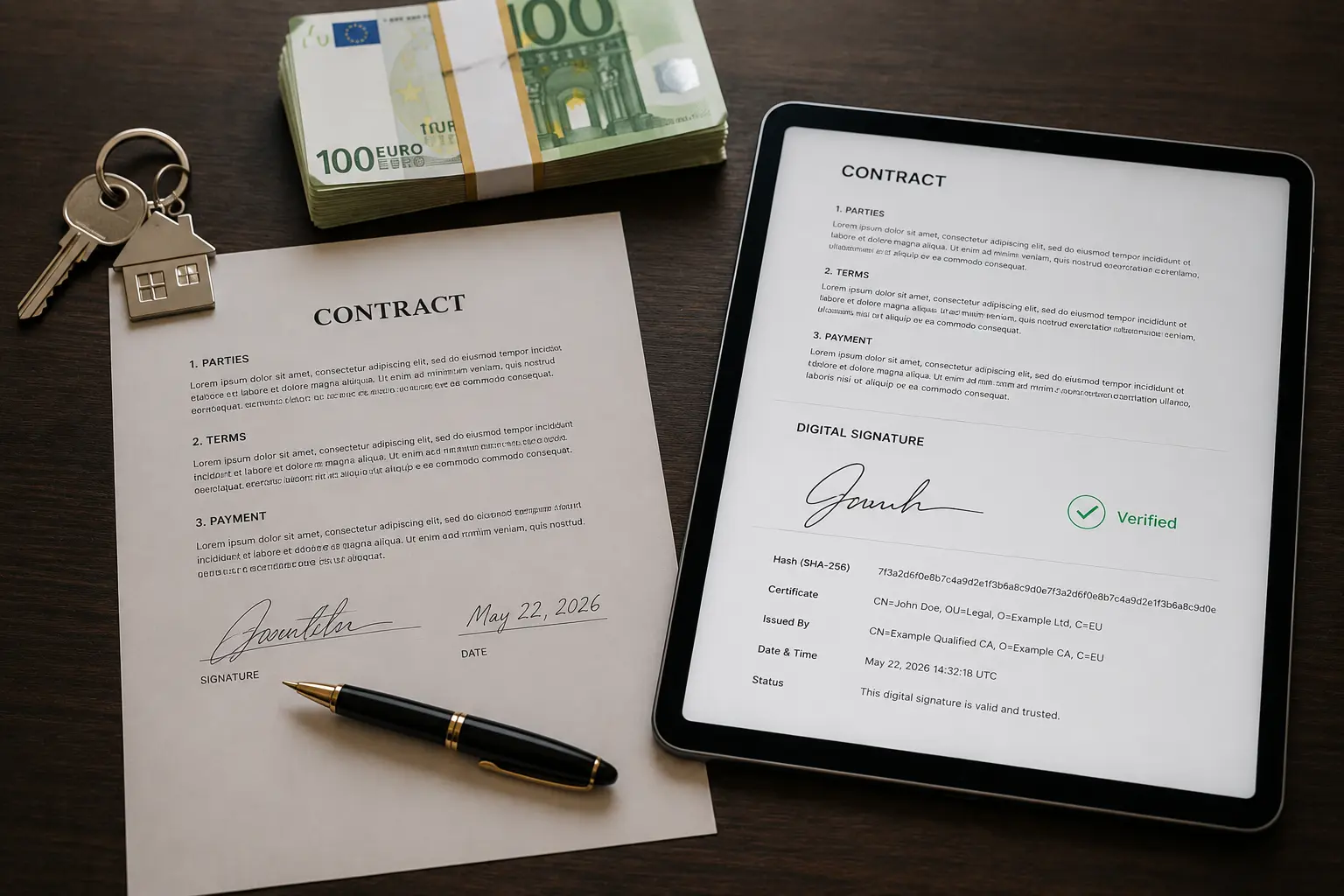 Digital signature vs electronic signature concept illustration comparing a cryptographic key and lock with a handwritten signature mark