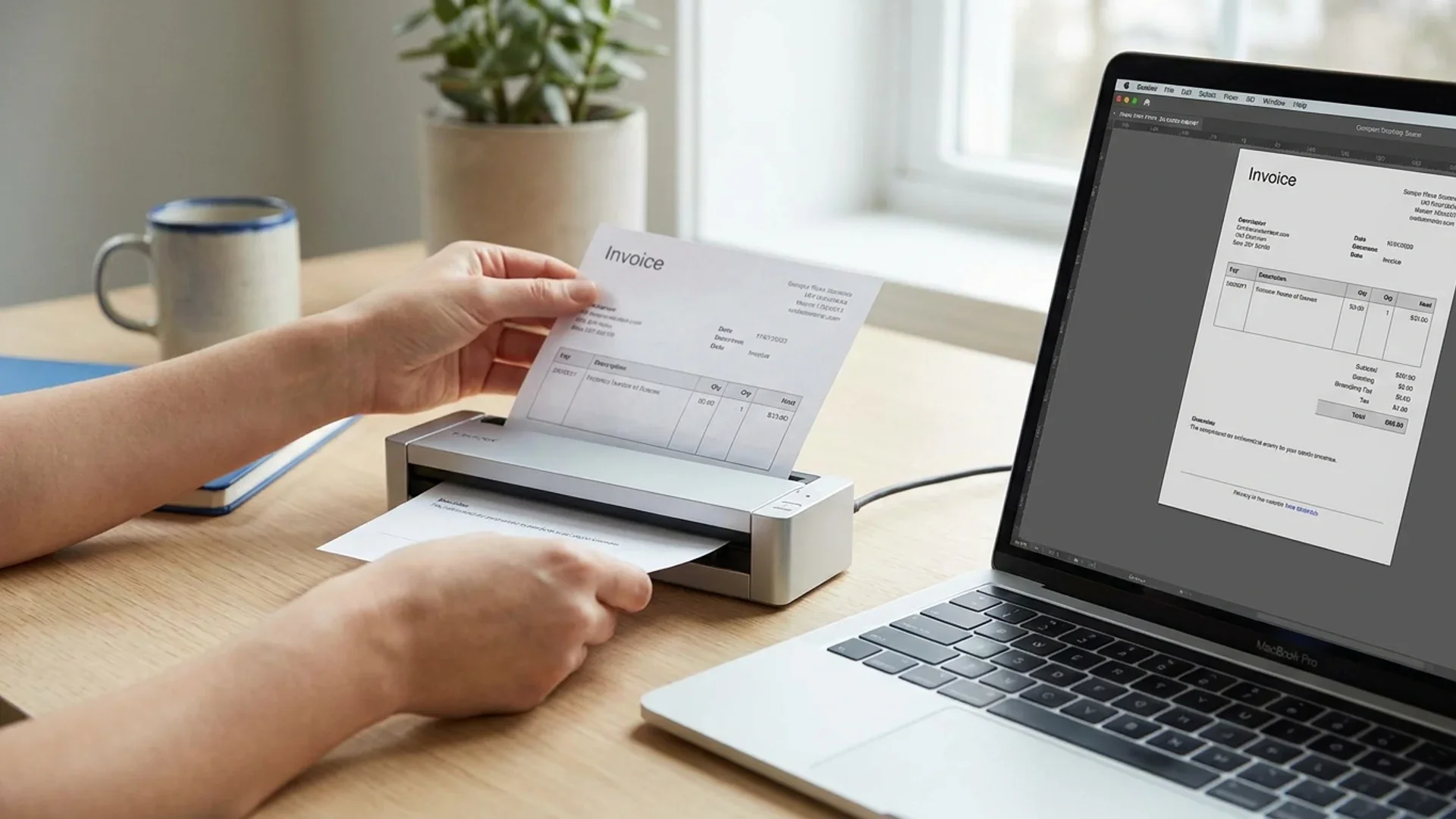 Dokumentenverwaltung im Mittelstand: Aktenordner mit Papierbelegen neben einer digitalen Dokumentenliste mit Suchfeld auf dem Bildschirm