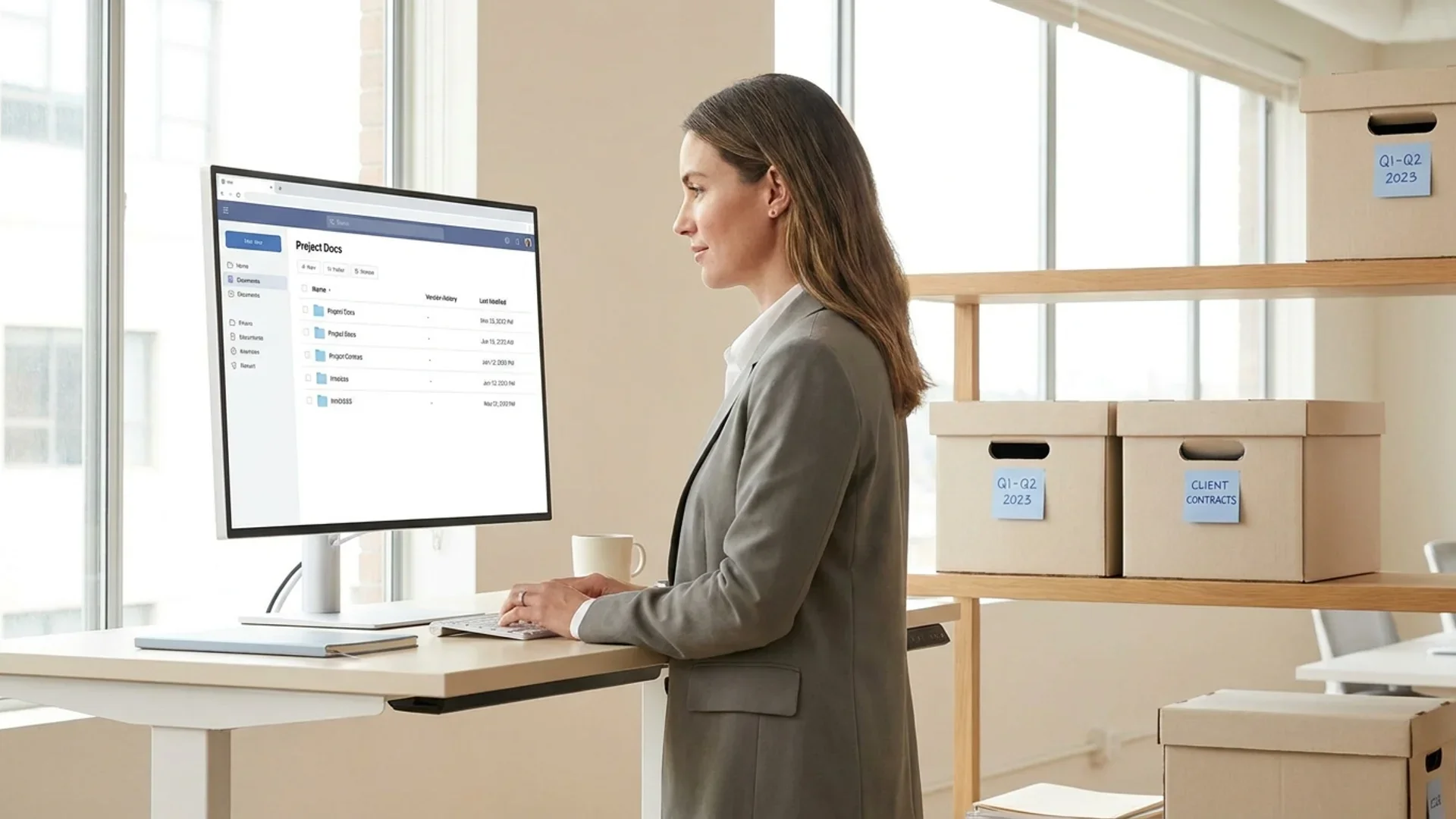 Small business owner setting up document management with labeled document types, a signed contract and a retention calendar