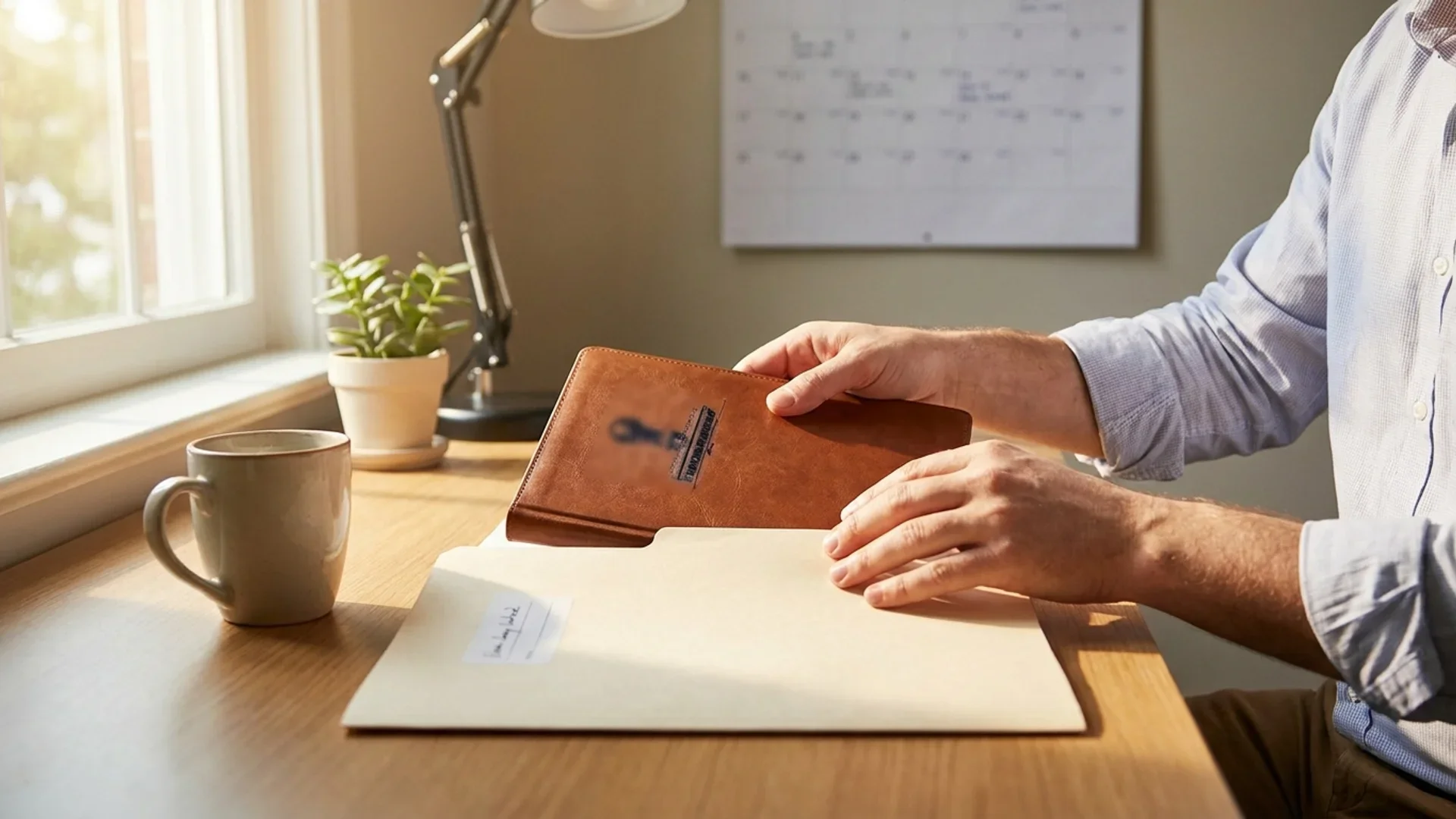 Caixas de arquivo etiquetadas por ano ao lado de um notebook com a tabela de temporalidade aberta em planilha