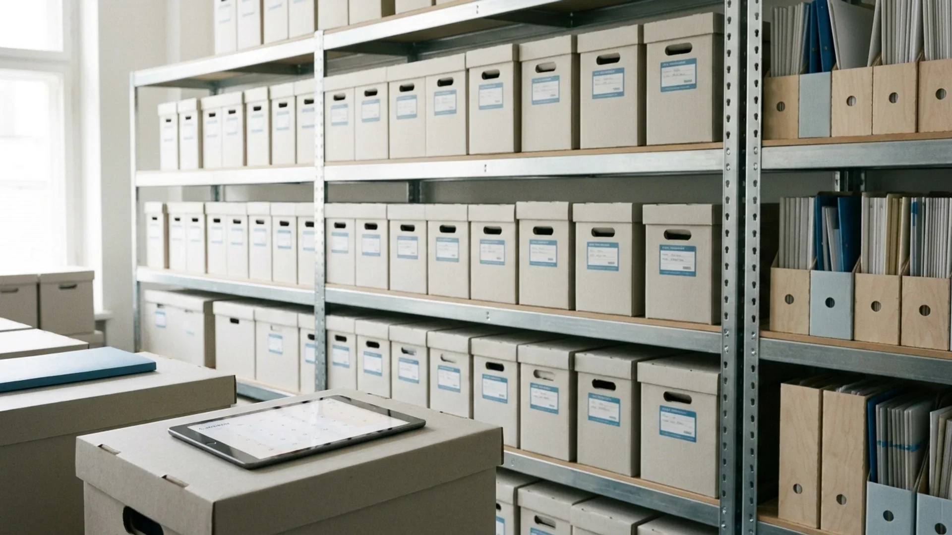 Document retention policy binder open on a desk beside archive boxes labeled with retention periods and destruction dates