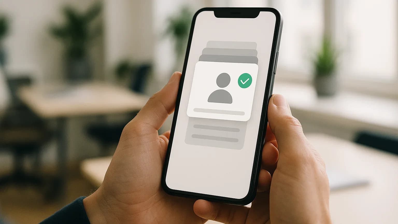 Hands holding a smartphone: a digital identity wallet app lifts one credential card with a green check mark out of a stack of greyed-out cards
