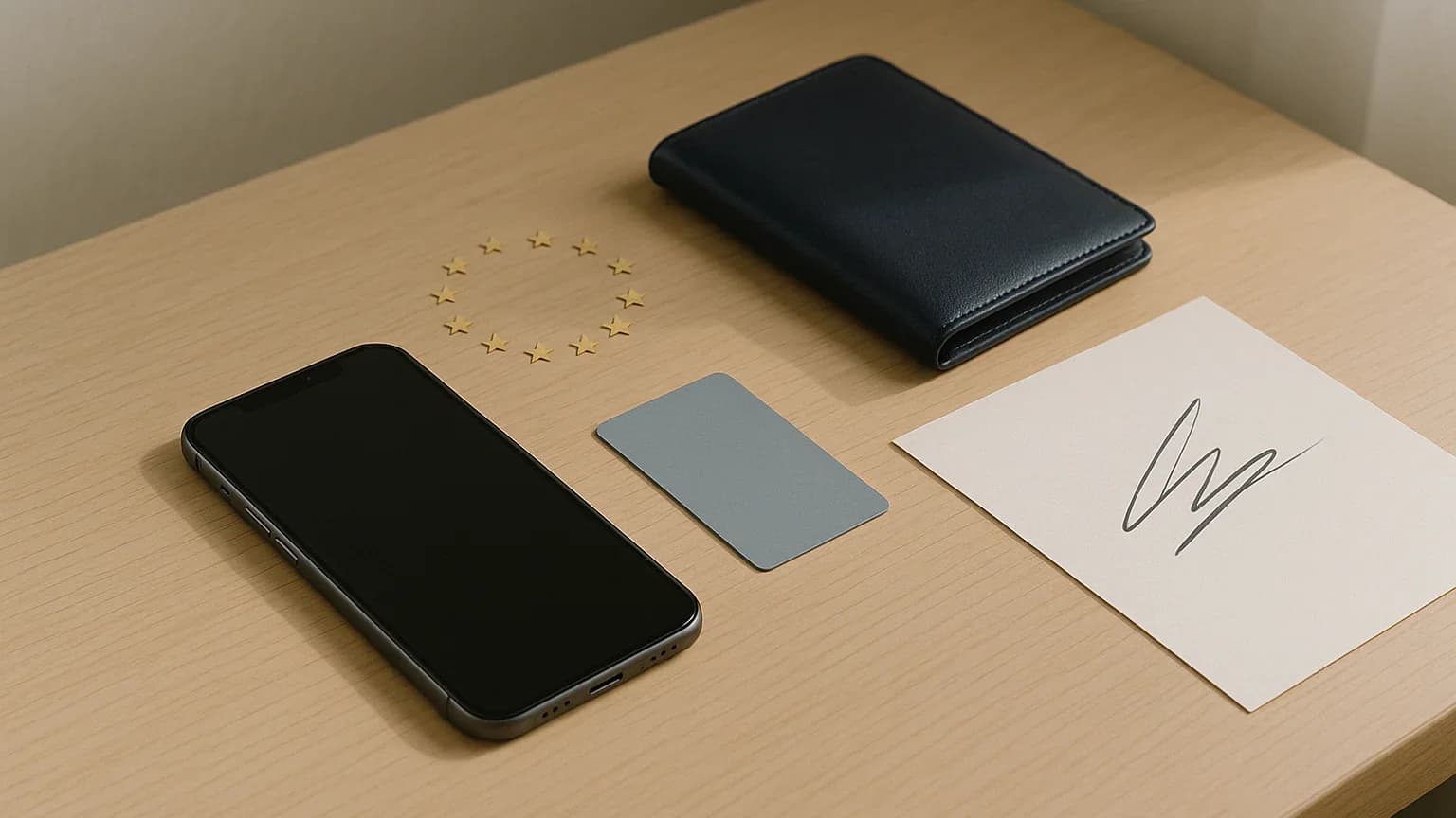 A smartphone, an ID card, a wallet and a signed sheet of paper beside a ring of EU stars on an oak desk