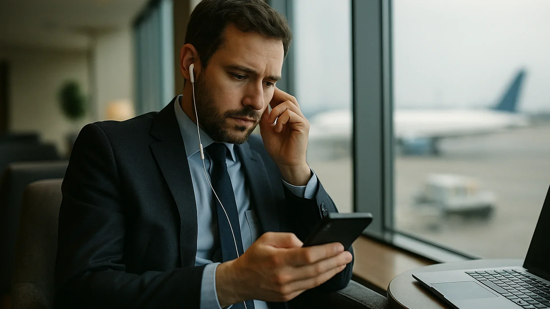 PDF am Handy unterschreiben zwischen zwei Anrufen: Ein Reisender in einer Flughafen-Lounge liest einen Vertrag auf seinem Handy