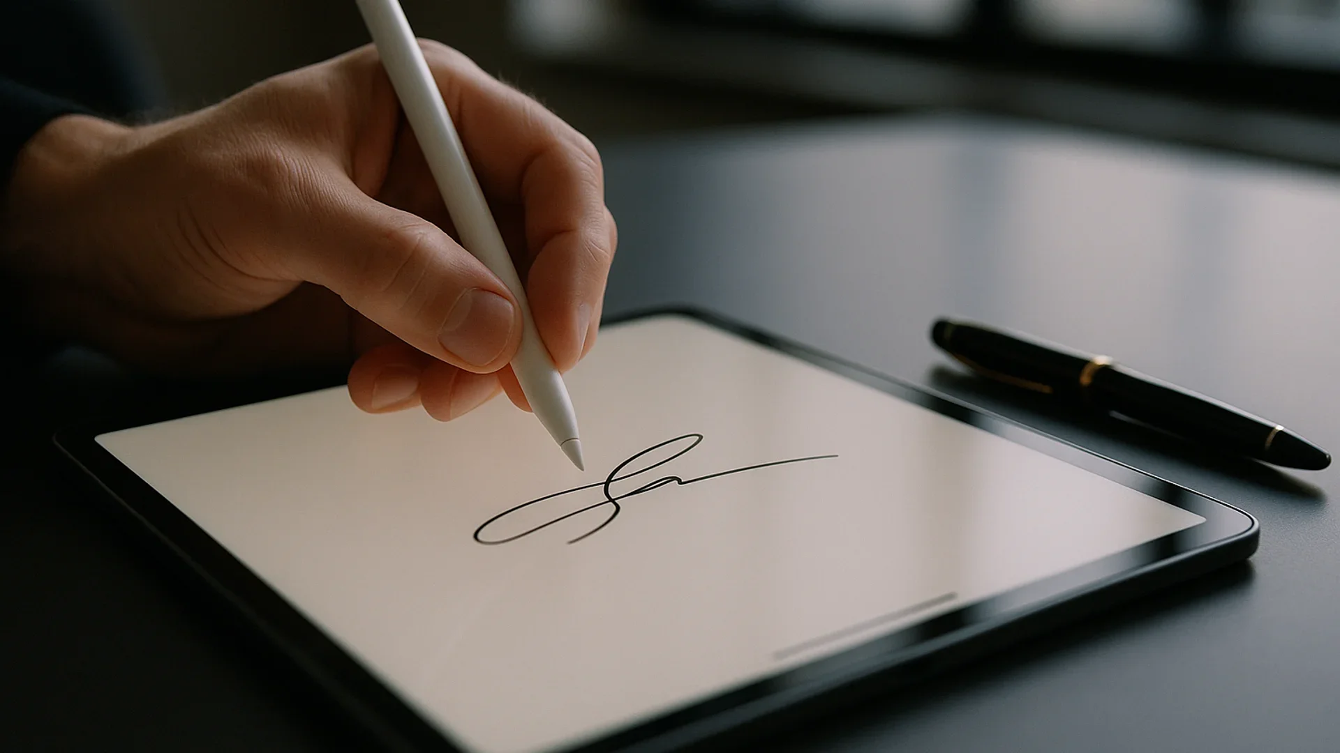 What is an electronic signature in practice: a hand signing a contract on a tablet with a stylus