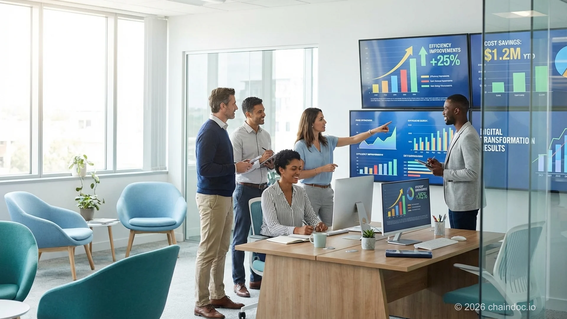 Equipe conferindo contratos assinados e a trilha de auditoria