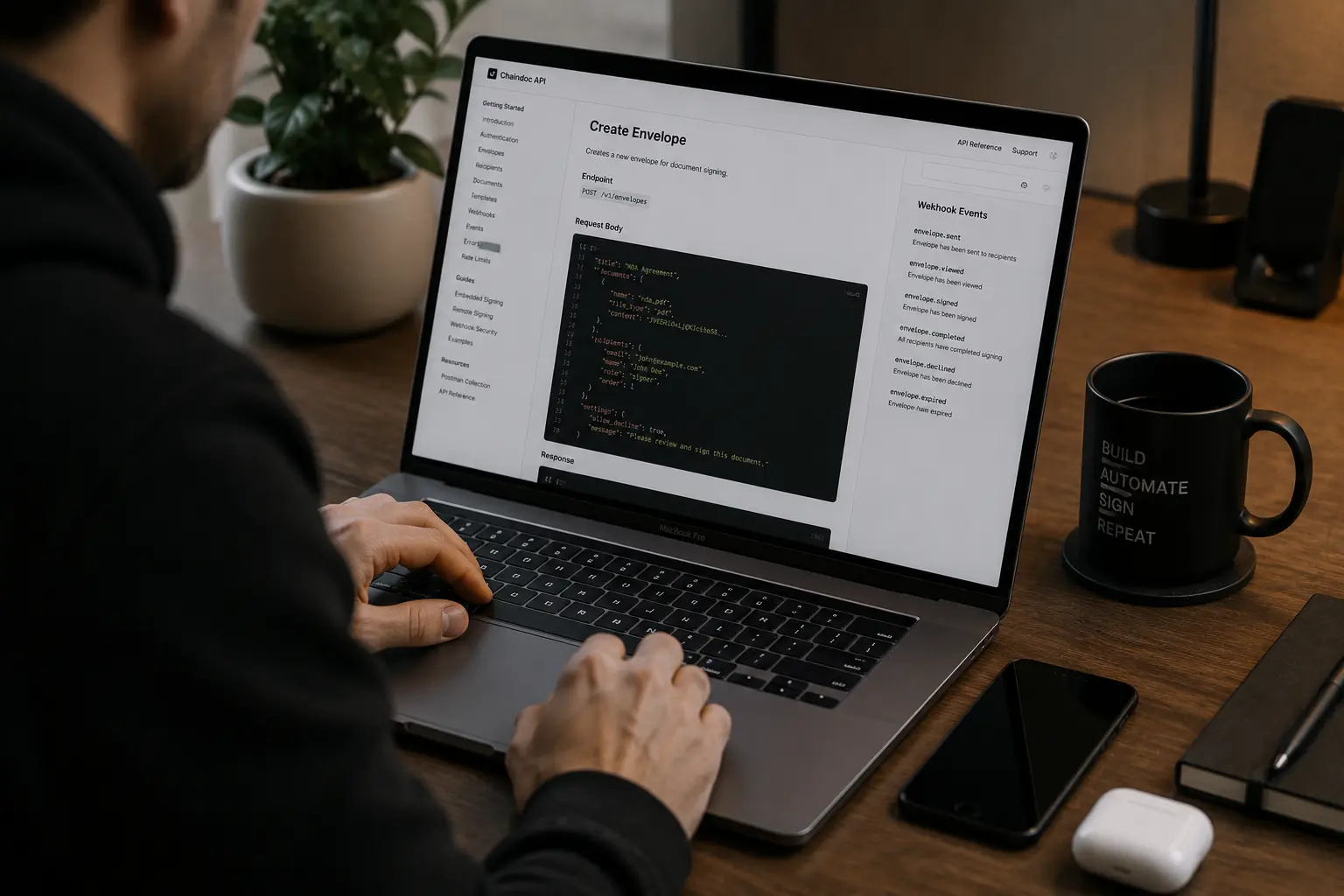Esignature API integration flow diagram showing an app creating a signature request, embedded signing, and a webhook callback