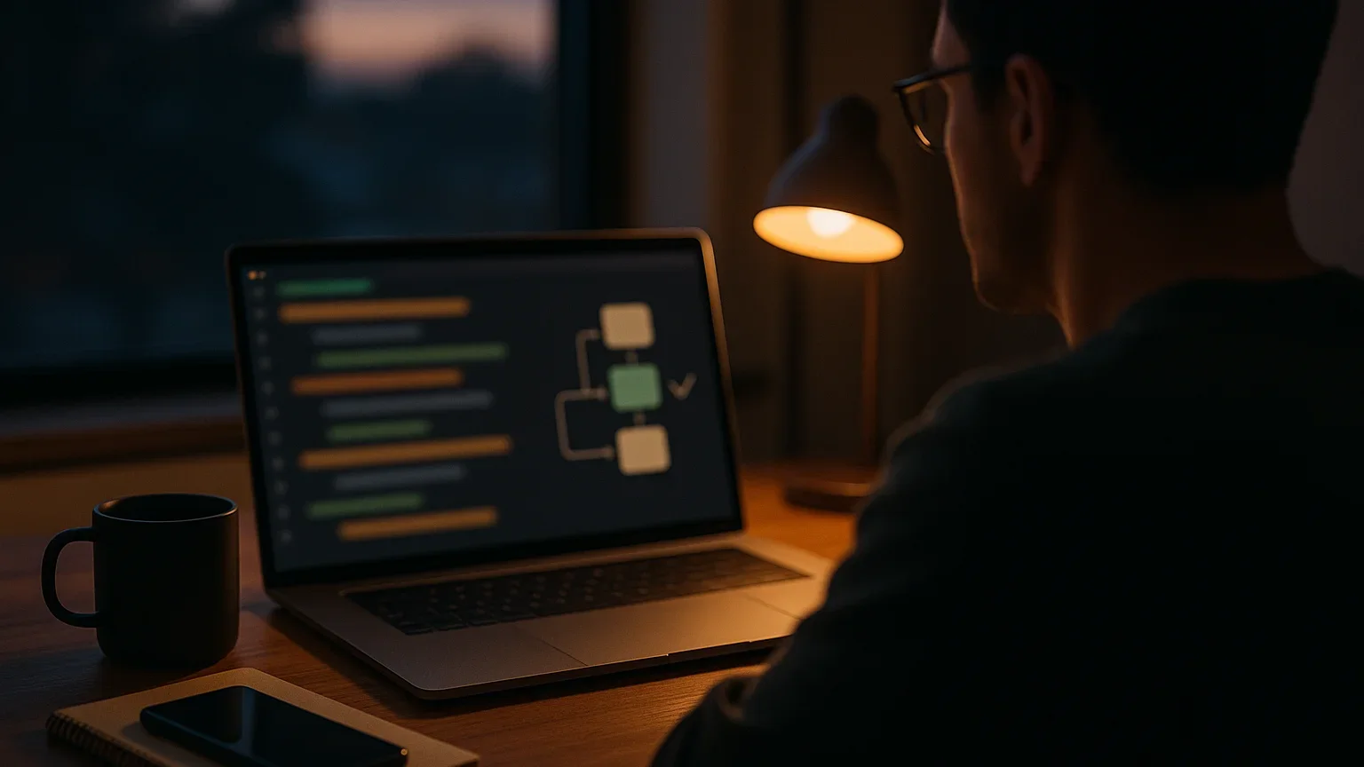 A developer at a laptop in the evening, the screen showing code and a small signing-flow diagram