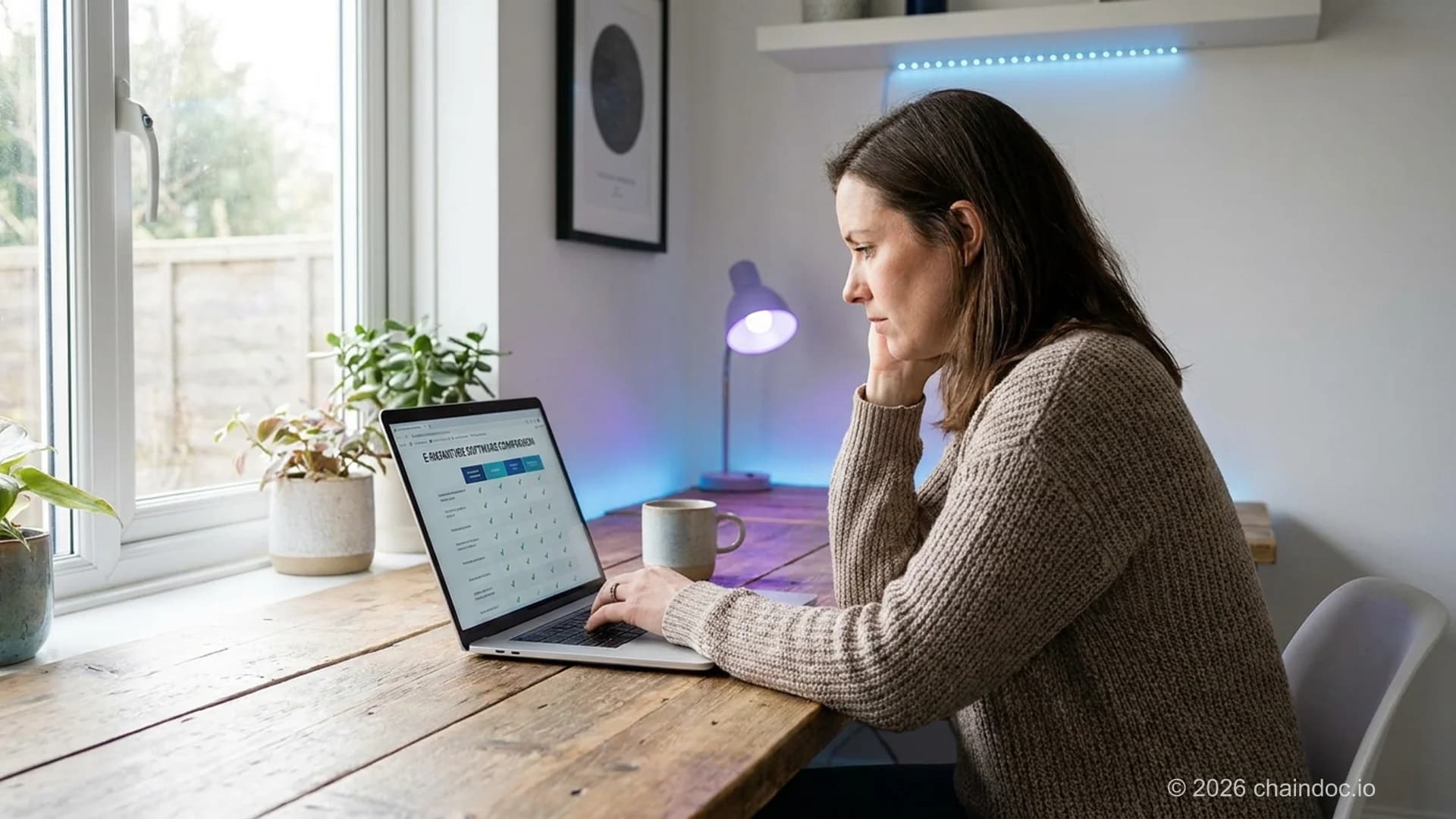 Small business owner comparing electronic signature software options on a laptop