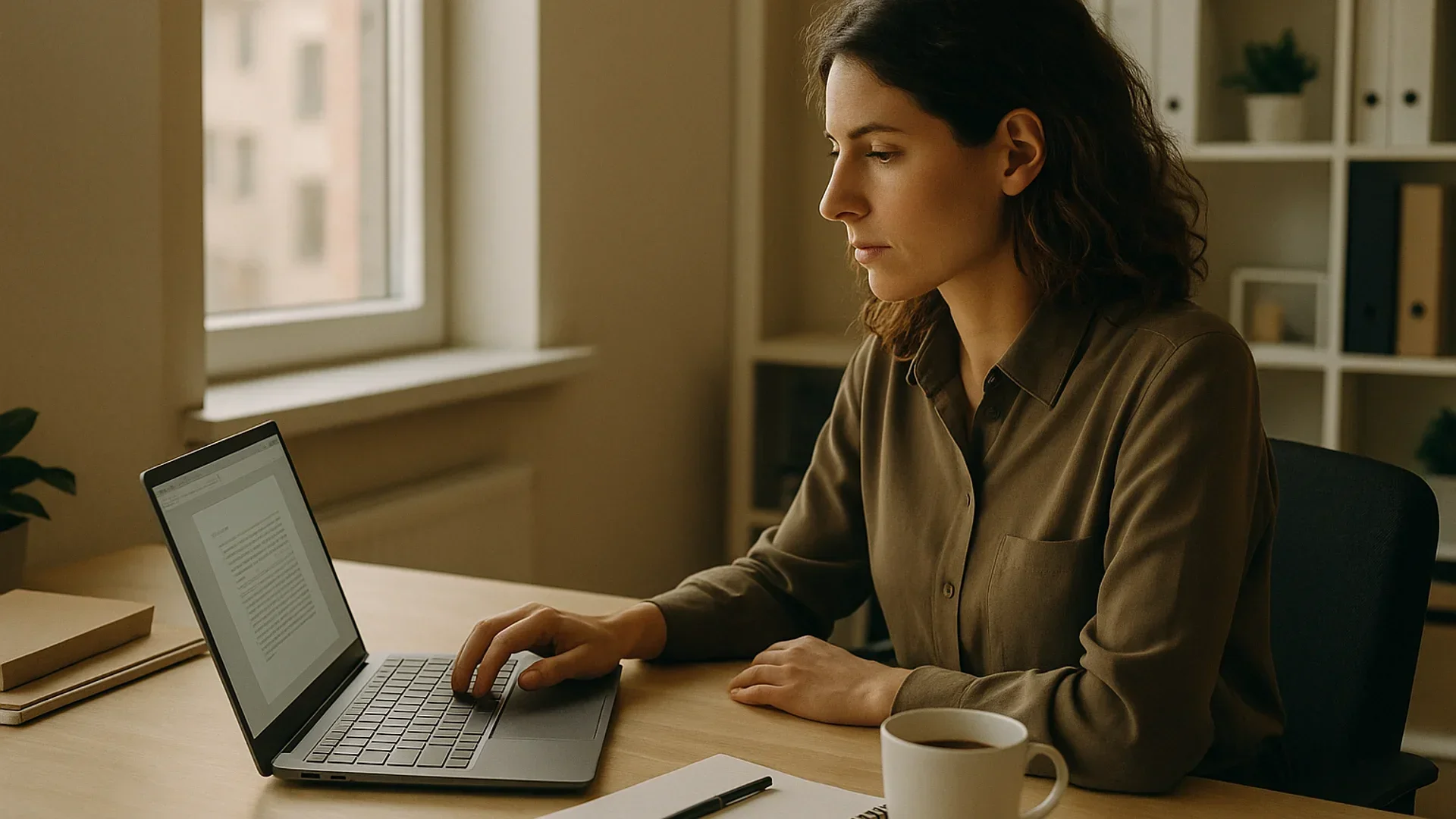 Woman checking a free electronic signature on a laptop at her office desk