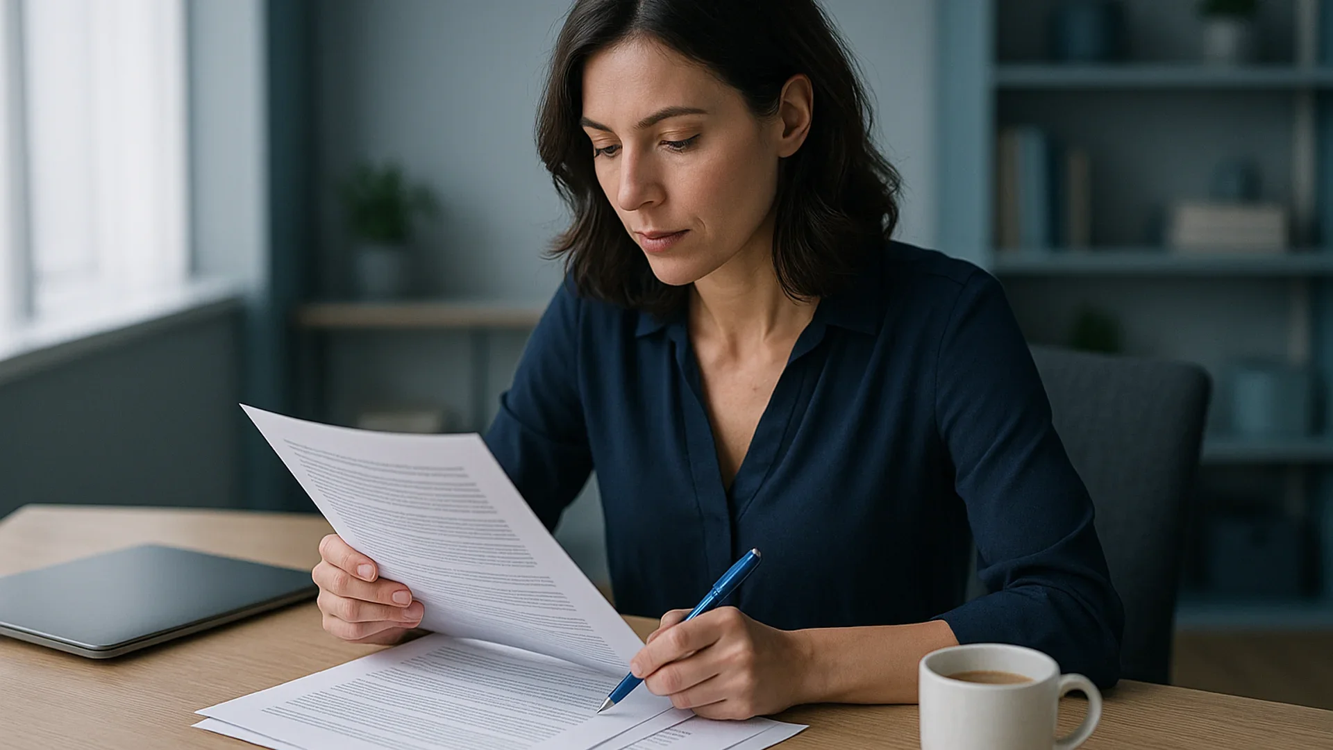 How to create an NDA: a woman marks up the clauses of a printed confidentiality agreement at her desk