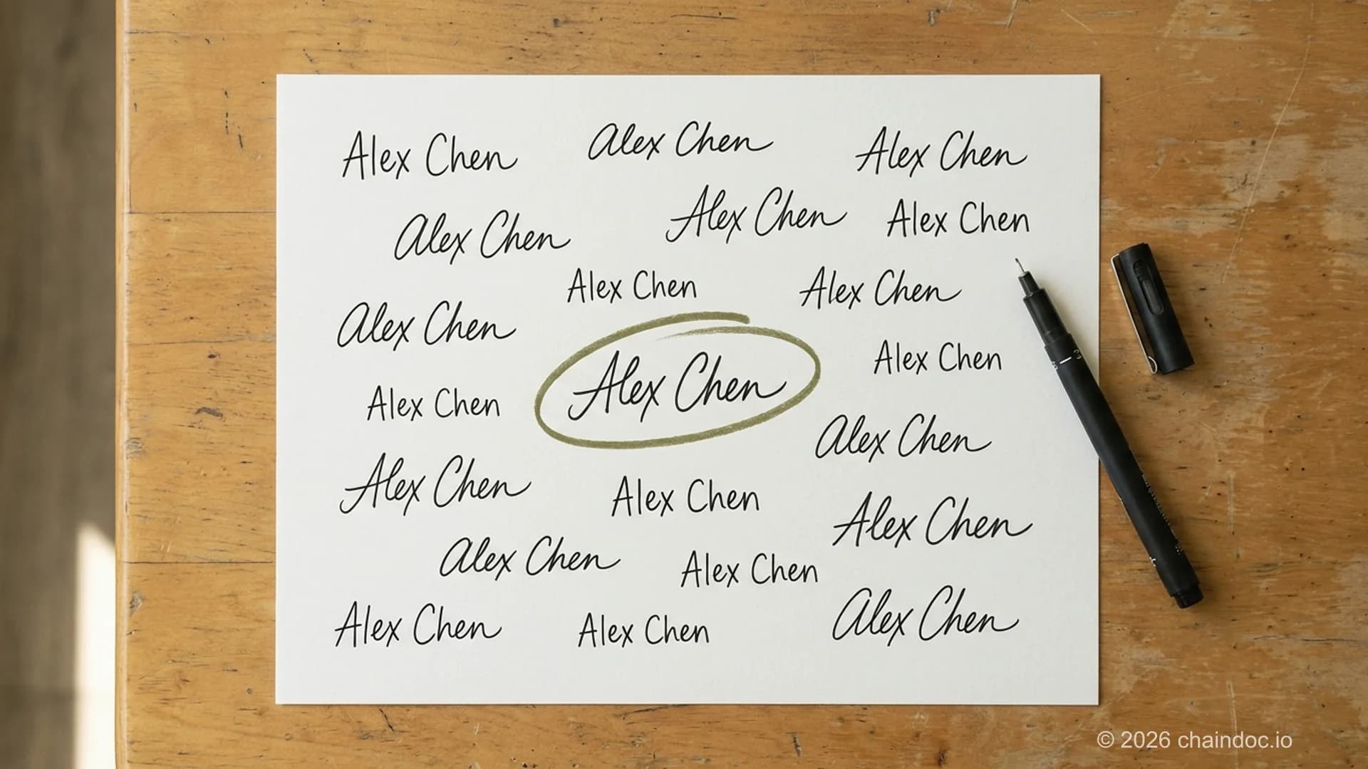 Sheet of paper with one name signed many times in different handwriting styles, the strongest version circled