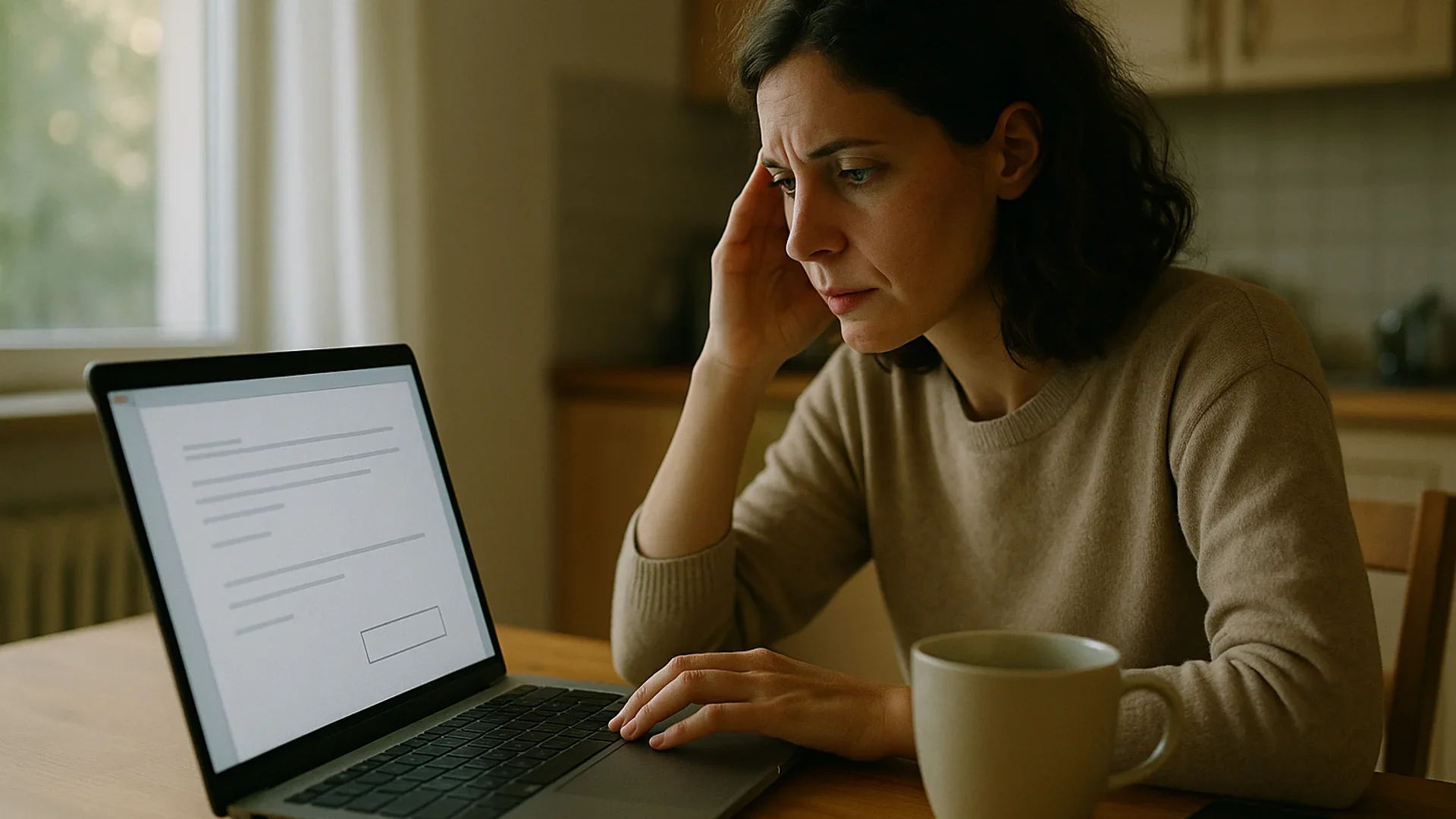 Woman at a laptop by a window reading a Review and Sign screen, the last check before you sign a document electronically