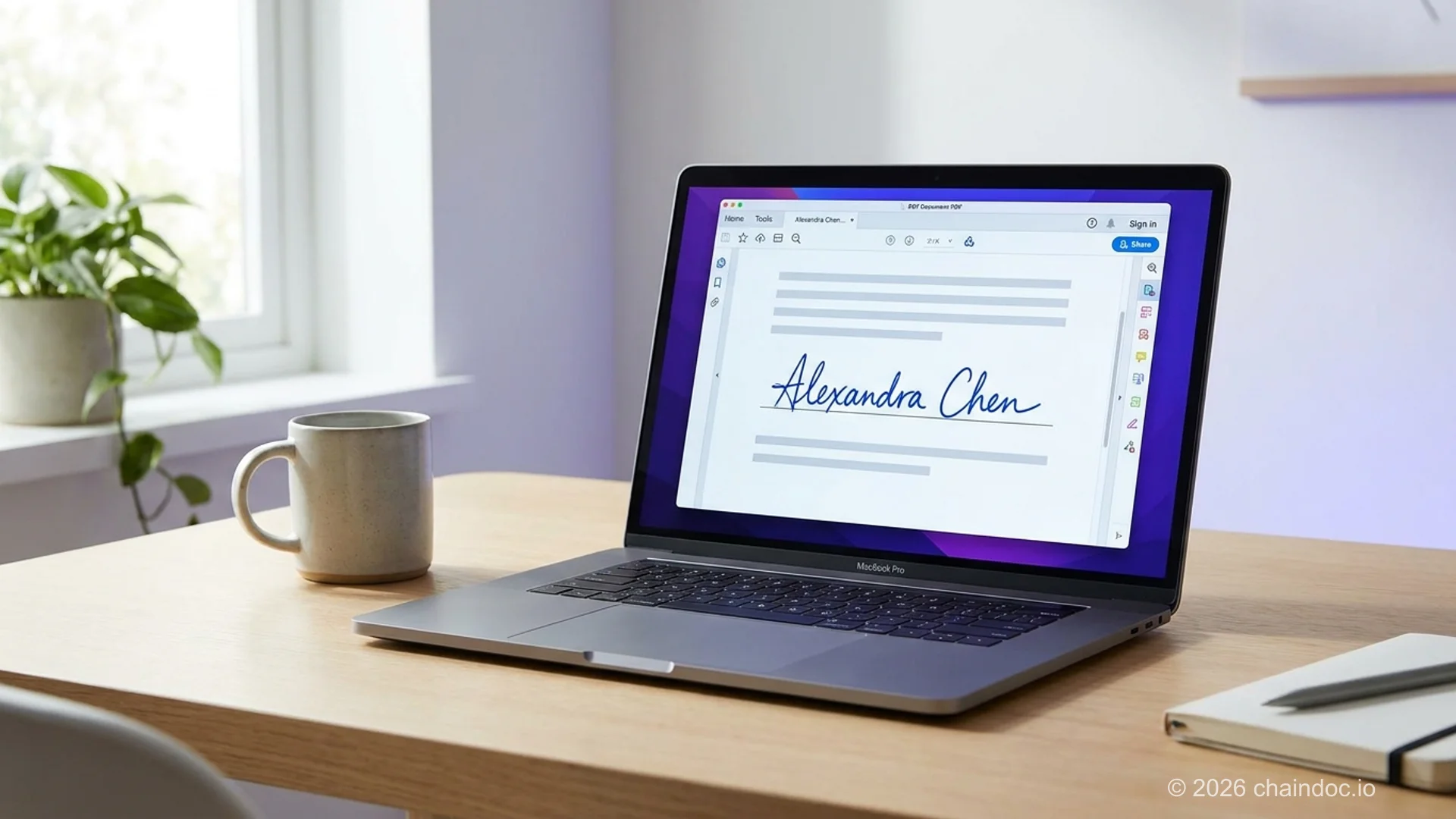 Ordinateur portable affichant un PDF avec une signature de style manuscrit