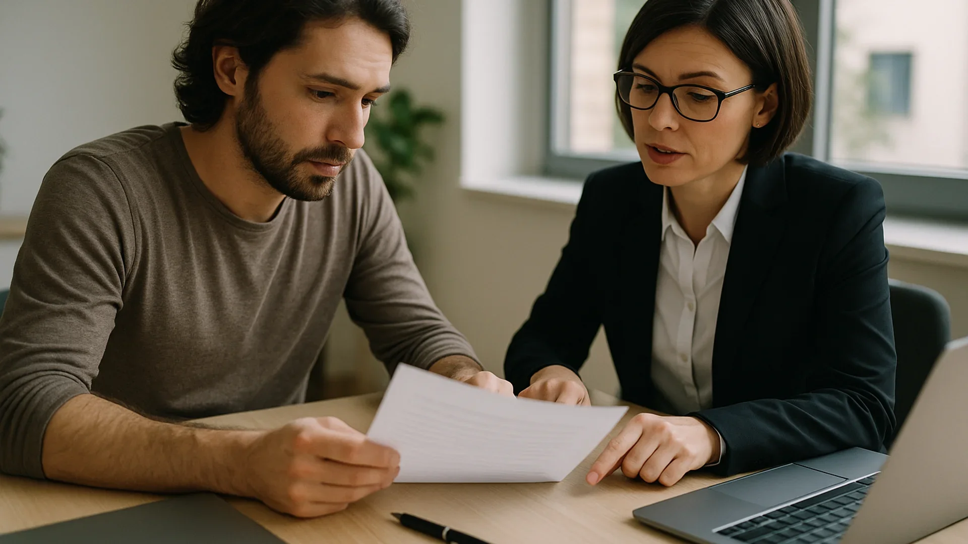 A freelancer and a manager reading a one-page agreement together: the contract is where the independent contractor vs employee test is settled first