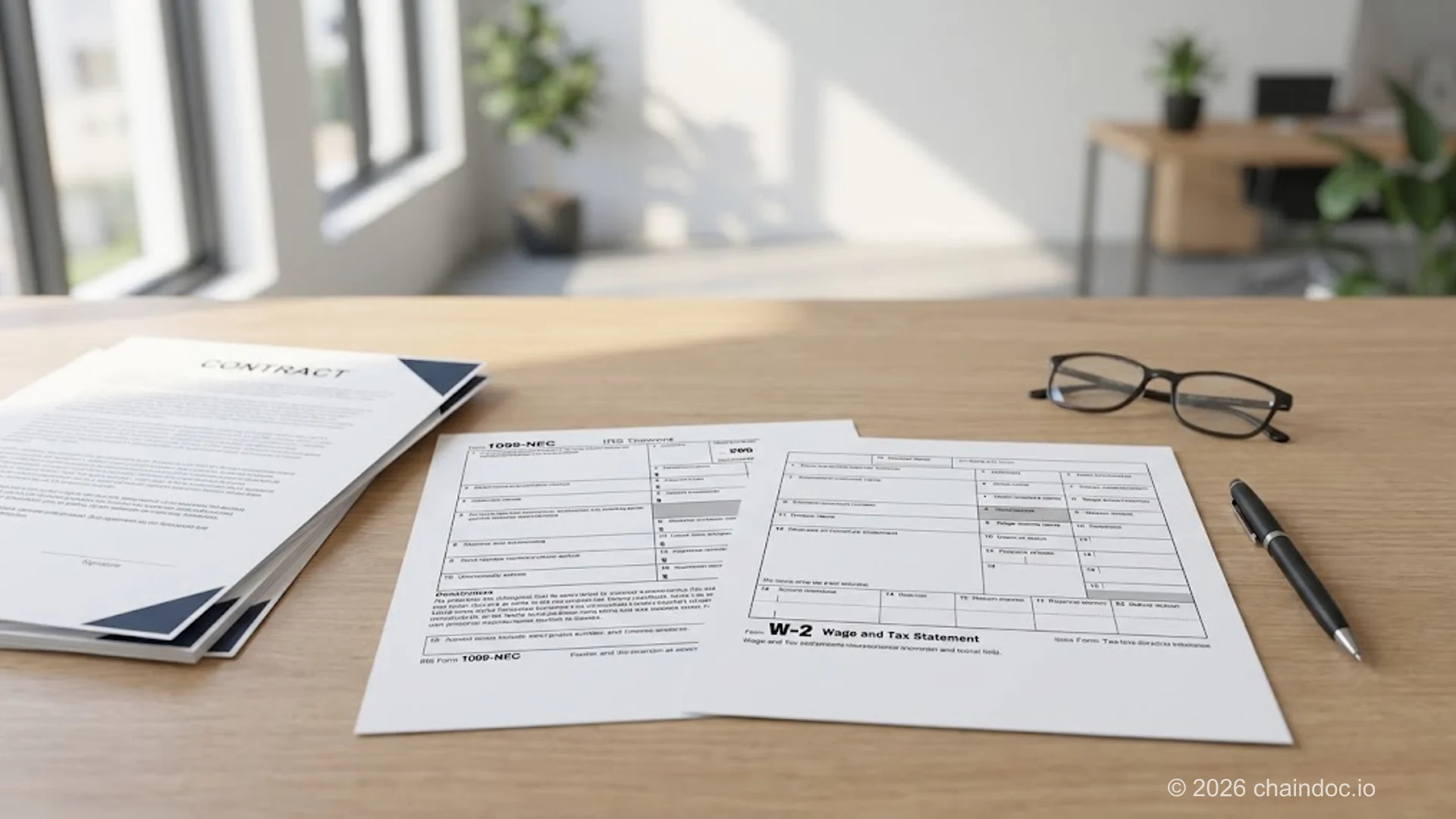 Independent contractor vs employee comparison: 1099 form and W-2 form on a desk with contract documents