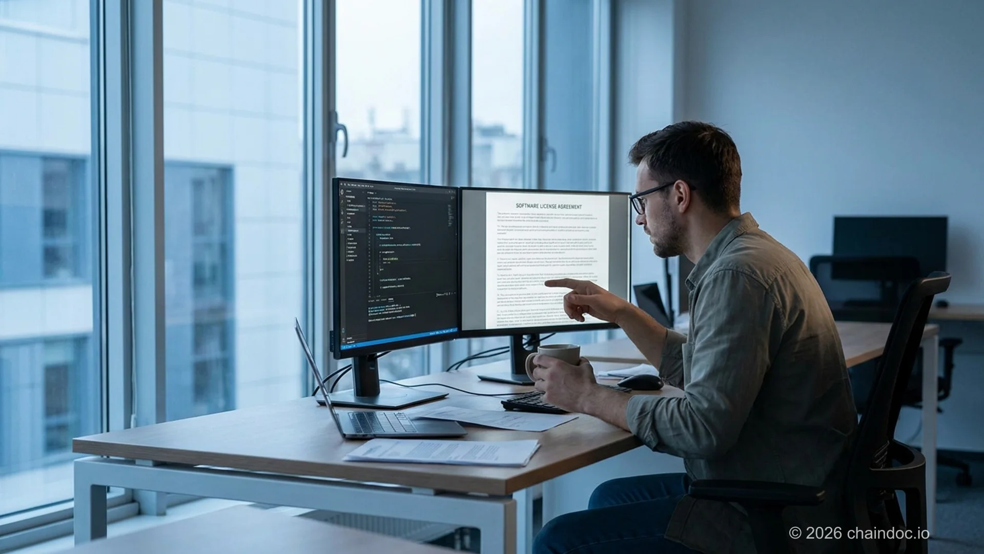 Developer reviewing an IP assignment agreement on screen — software startup contract management workflow