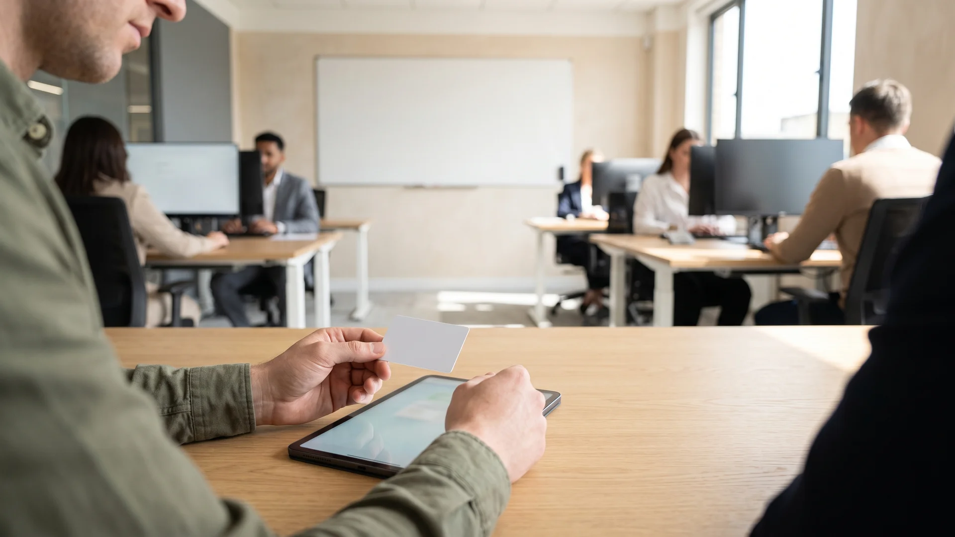 Un chargé d'entrée en relation compare une pièce d'identité client avec une tablette, l'équipe conformité travaillant en arrière-plan
