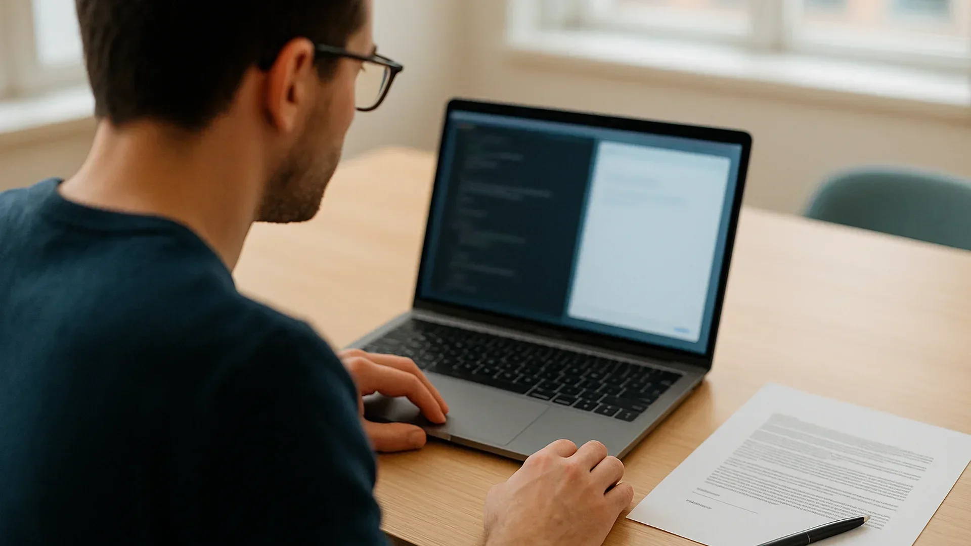MCP vs API in practice: a developer connects an AI agent to an e-signature API, a printed contract beside the laptop