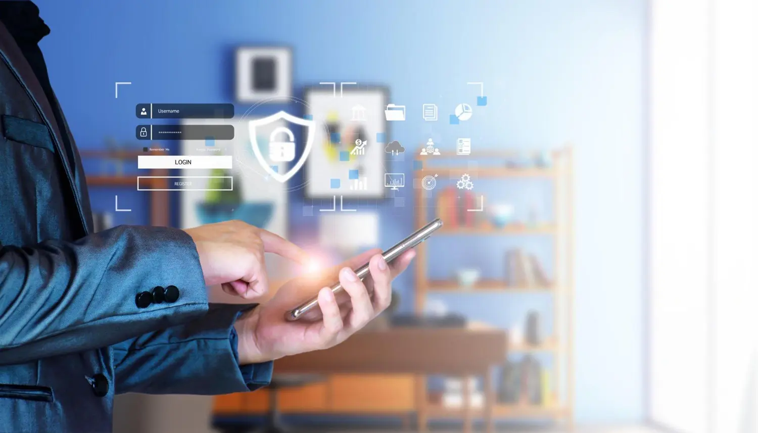 Professional using smartphone for secure blockchain document signing with digital verification elements