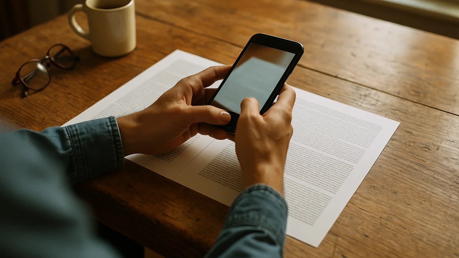 Hands holding a phone over a printed two-page lease on a kitchen table, ready to scan and sign documents