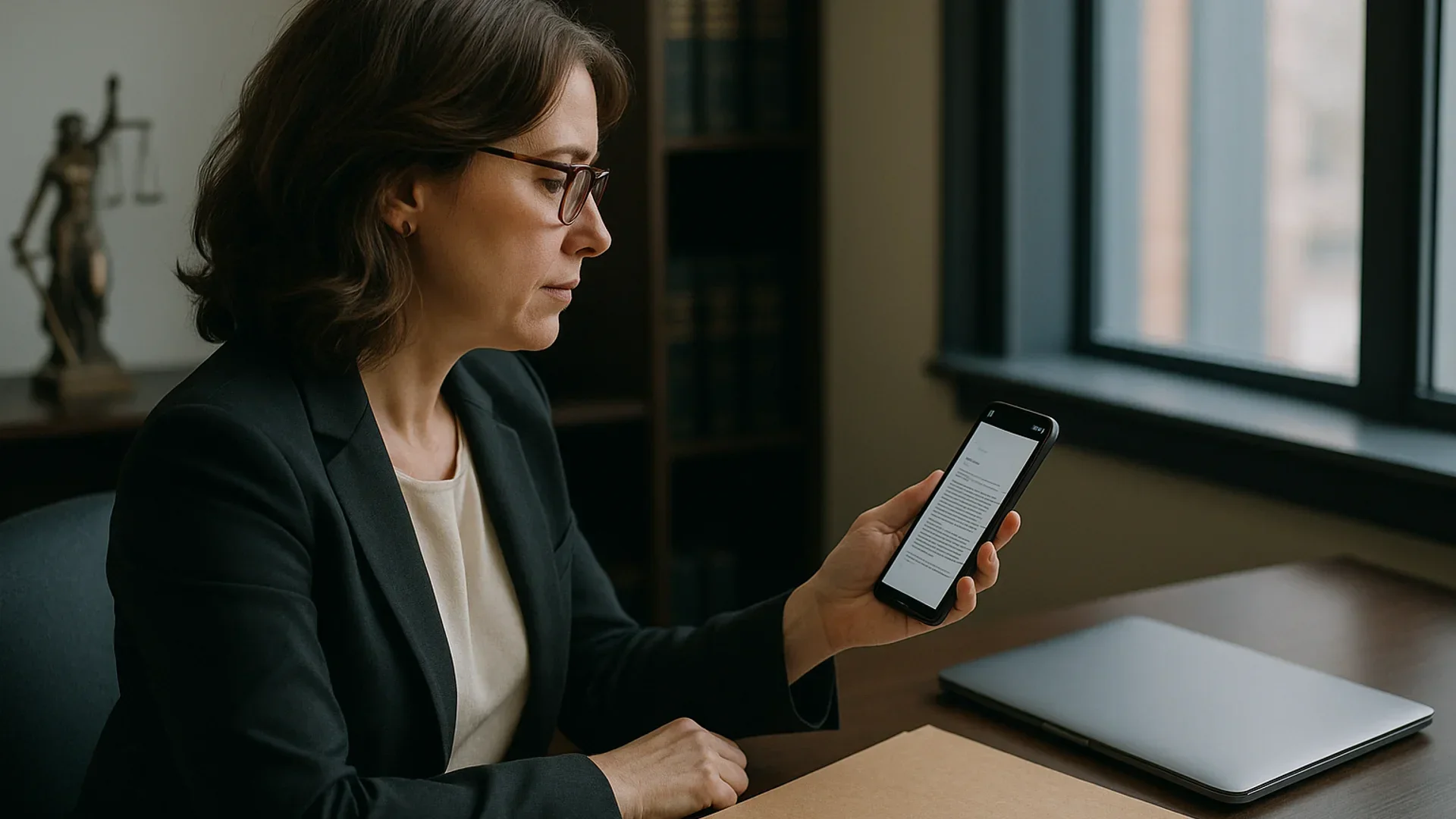 Law firm document management on a phone: a lawyer reviews a client letter on her smartphone at her office desk