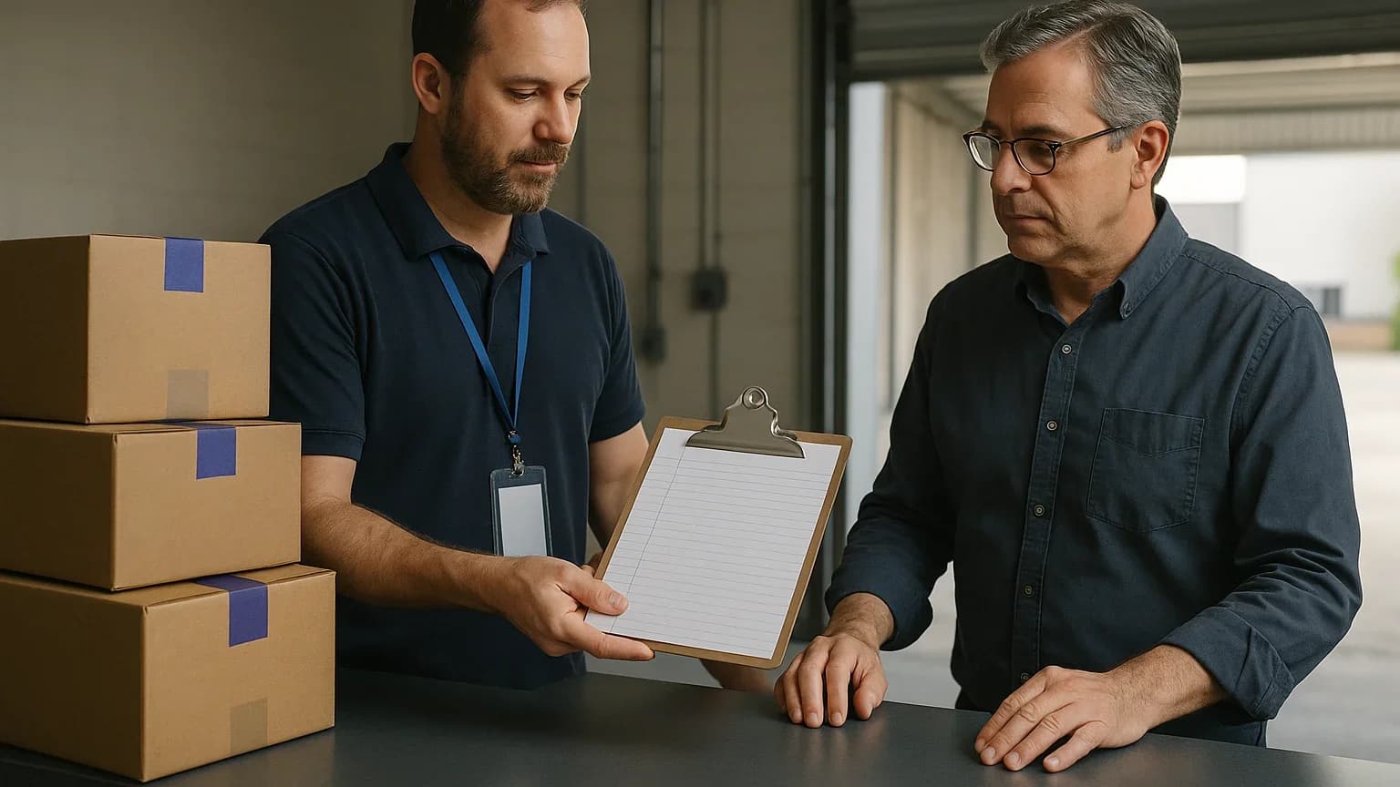 Supplier opening a net 30 account for a shop owner at a warehouse counter with a credit application on a clipboard