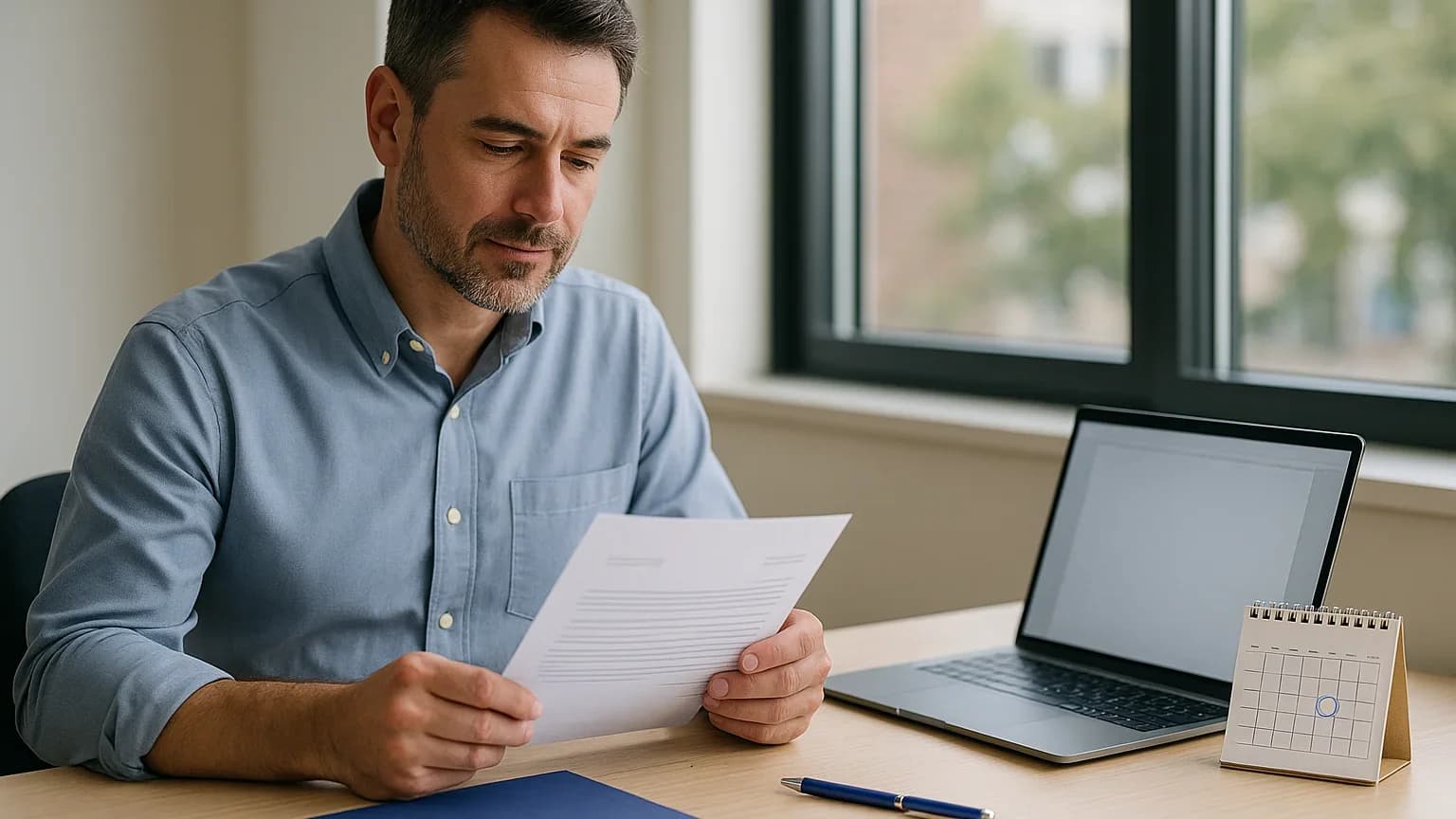 Small business owner checking a net 30 payment terms due date on a desk calendar next to a printed invoice