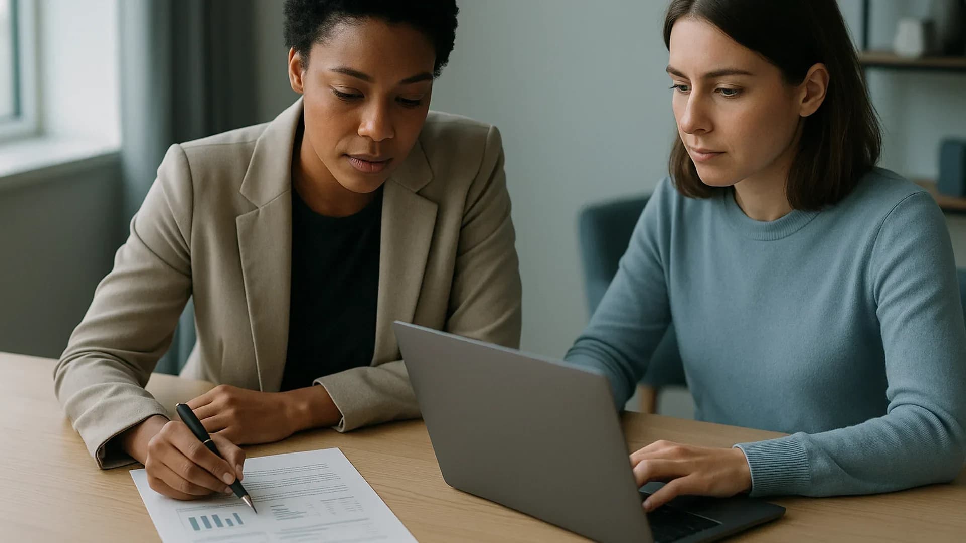 Two colleagues review a printed proposal next to a laptop while comparing PandaDoc vs DocuSign plans