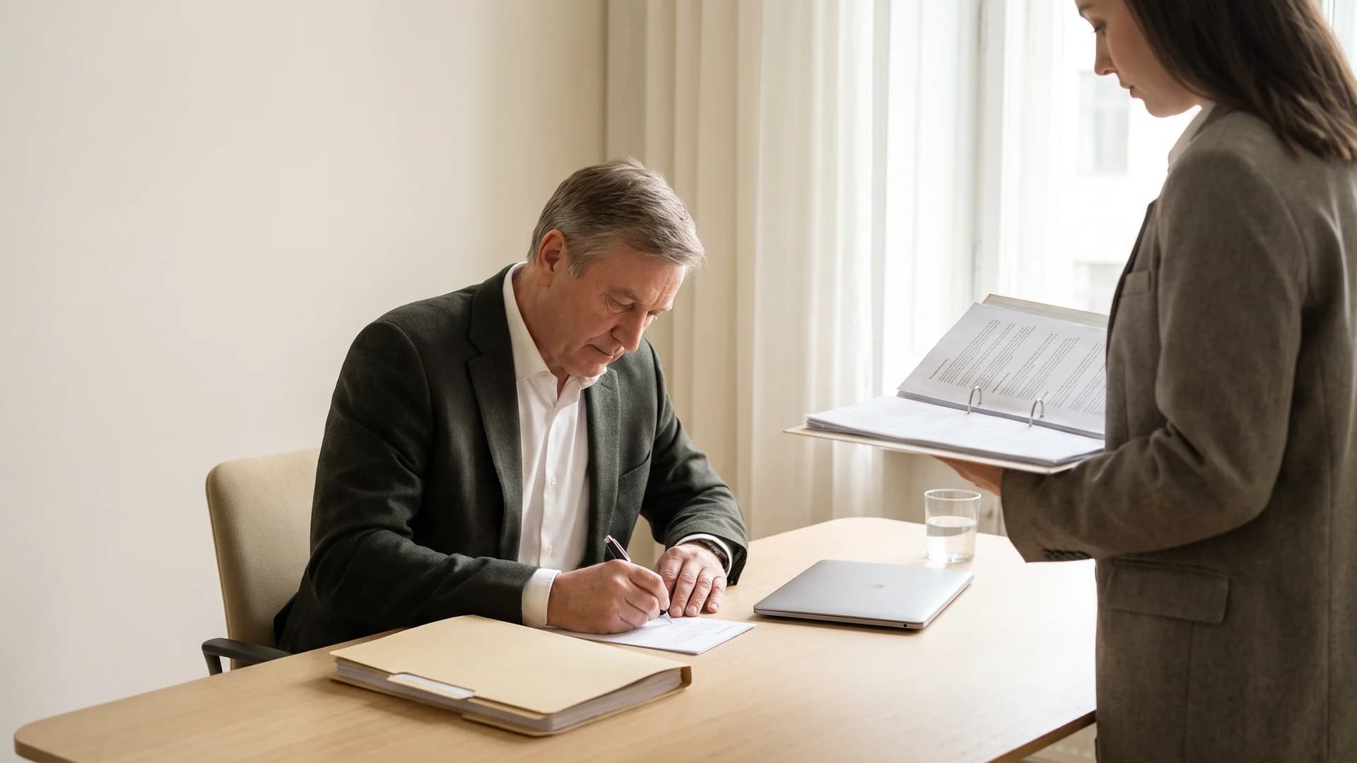 Un dirigeant signe l'approbation écrite d'un dossier client pendant qu'une collègue attend avec les pièces justificatives