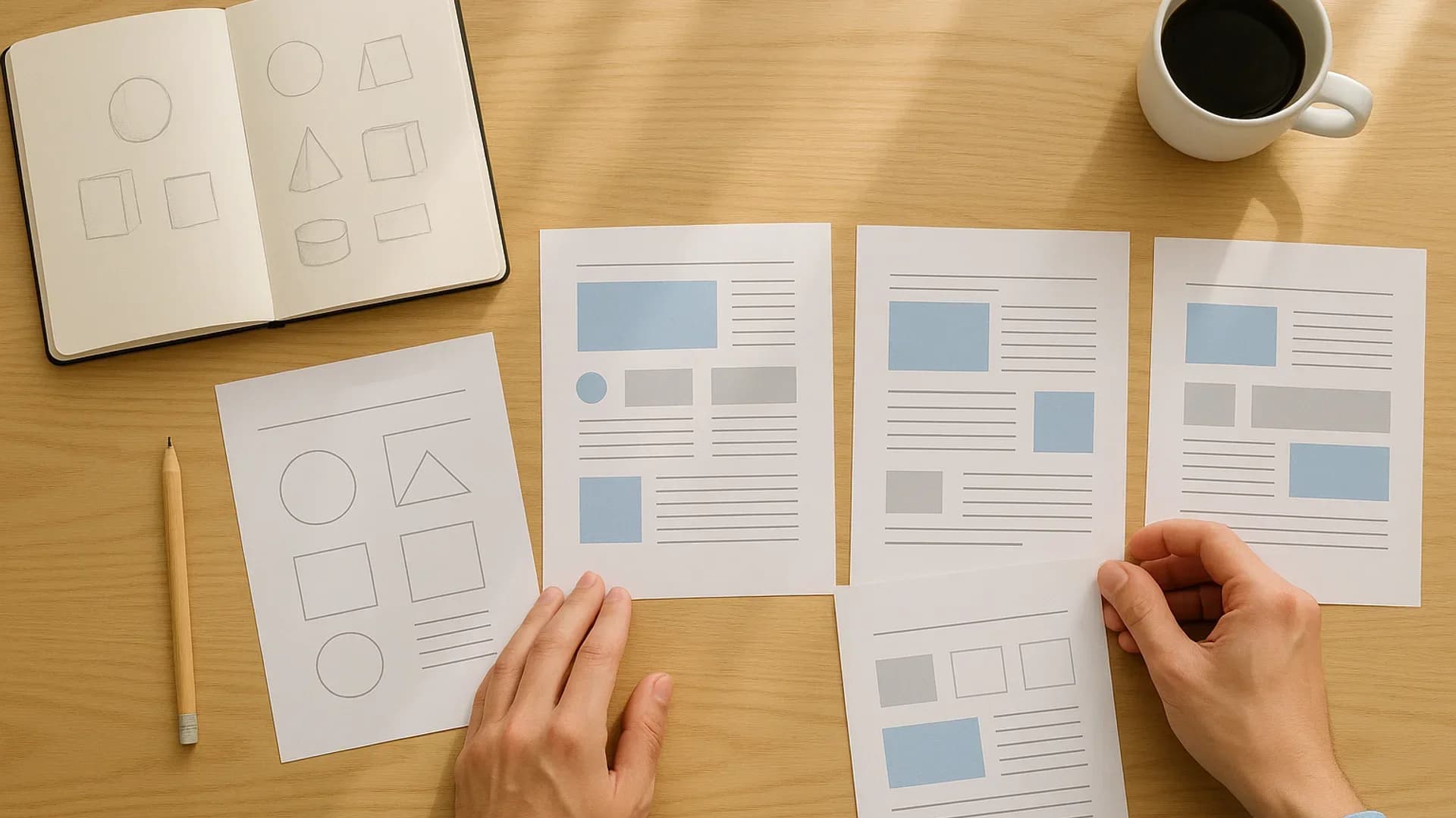 Sketchbook and printed design drafts laid out on a desk, the working files that blockchain in intellectual property can date