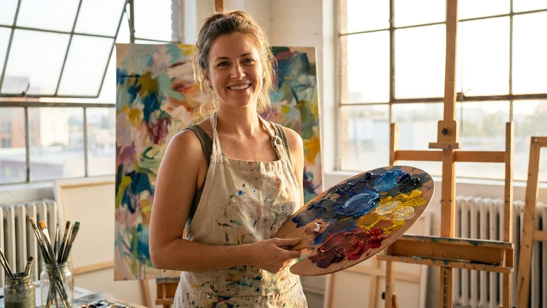 Artist at a laptop in her studio among paints and pencils, a freelance creator weighing what blockchain in intellectual property can prove