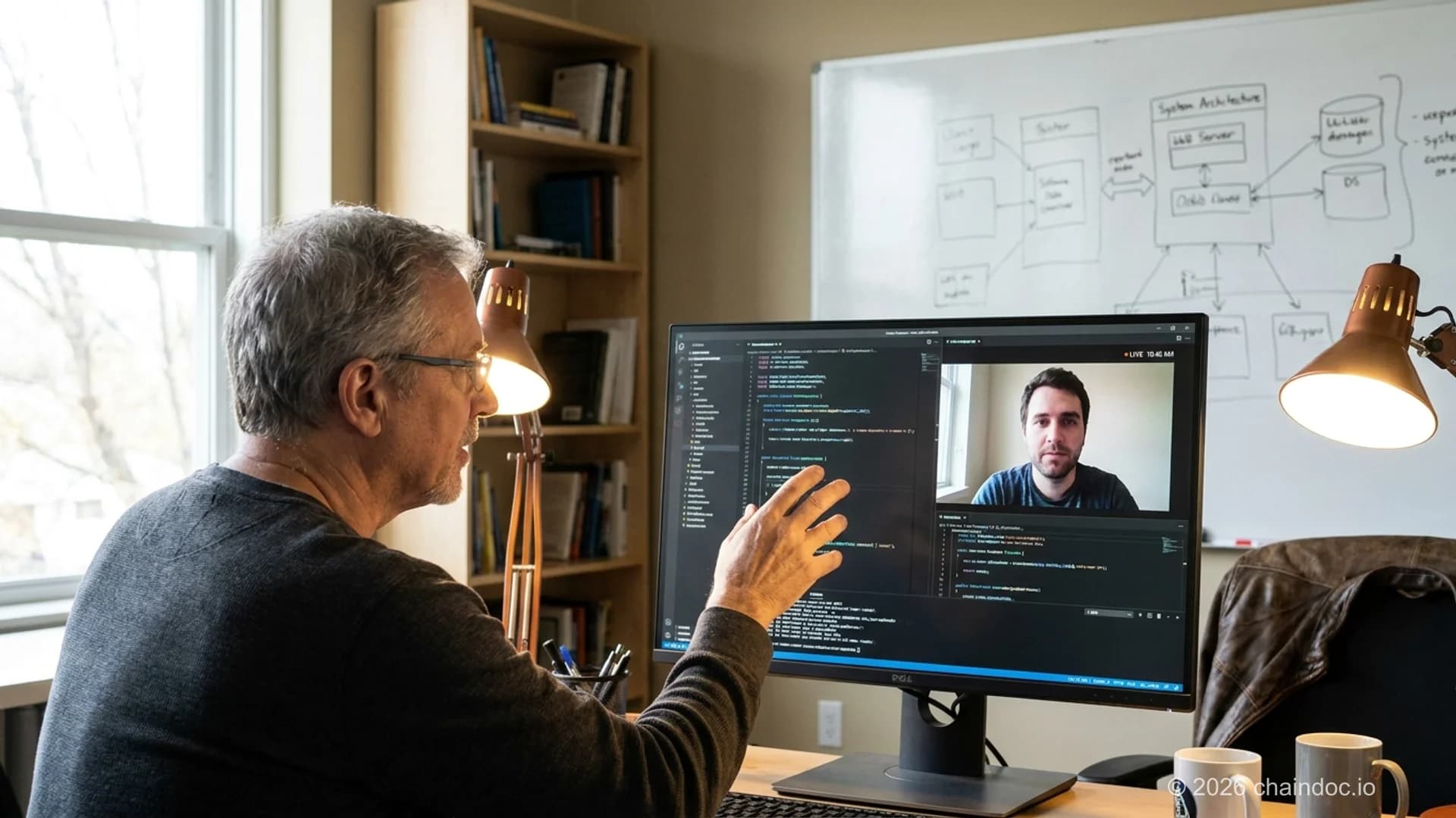 Remote employee onboarding checklist phases — a developer's workspace setup showing laptop, code editor, and video call in progress